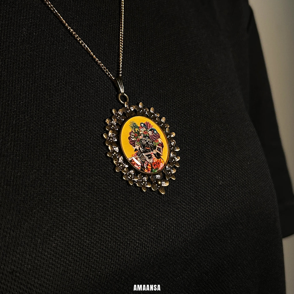 Banke Bihari Vrindavan hand‑painted miniature pendant on chain, devotional Krishna necklace, hanging around neck 

