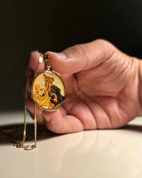 3 face Custom Pet Portrait Pendant Premium 18k gold plated - Handpainted Miniature Art
