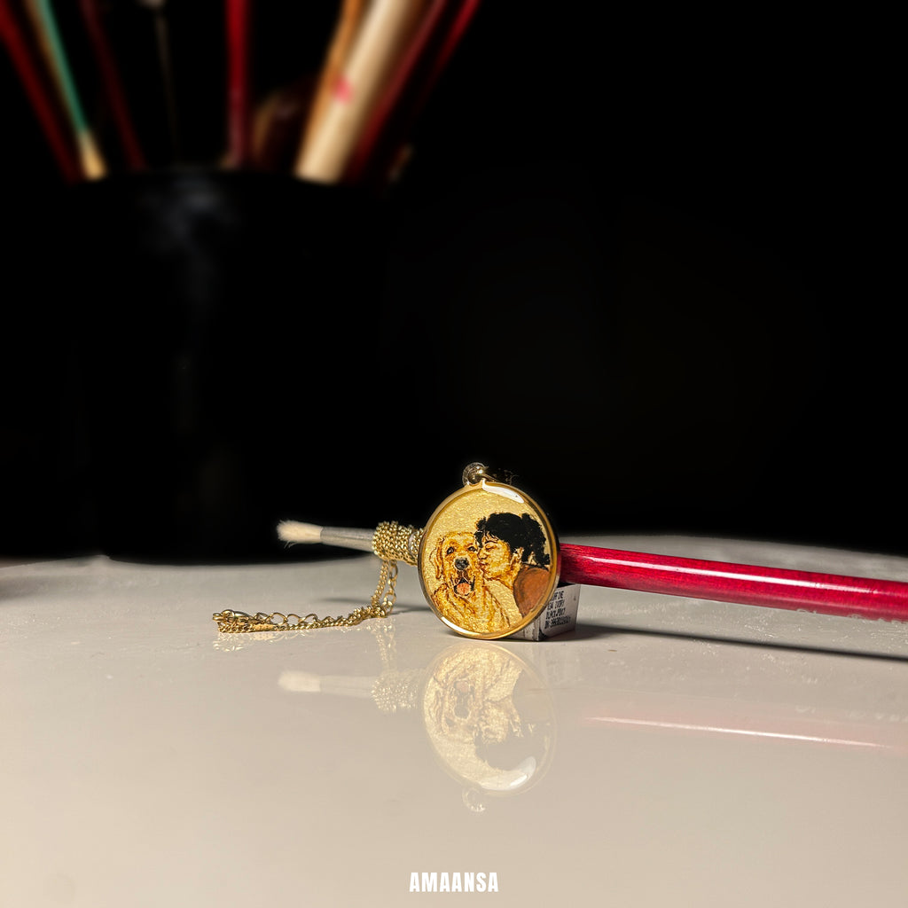 Premium 18k gold PVD two-face pendant handpainted pet portrait custom dog memorial jewelry affectionate bonding moment personalized keepsake commissioned tribute miniature art beloved companion wearable remembrance