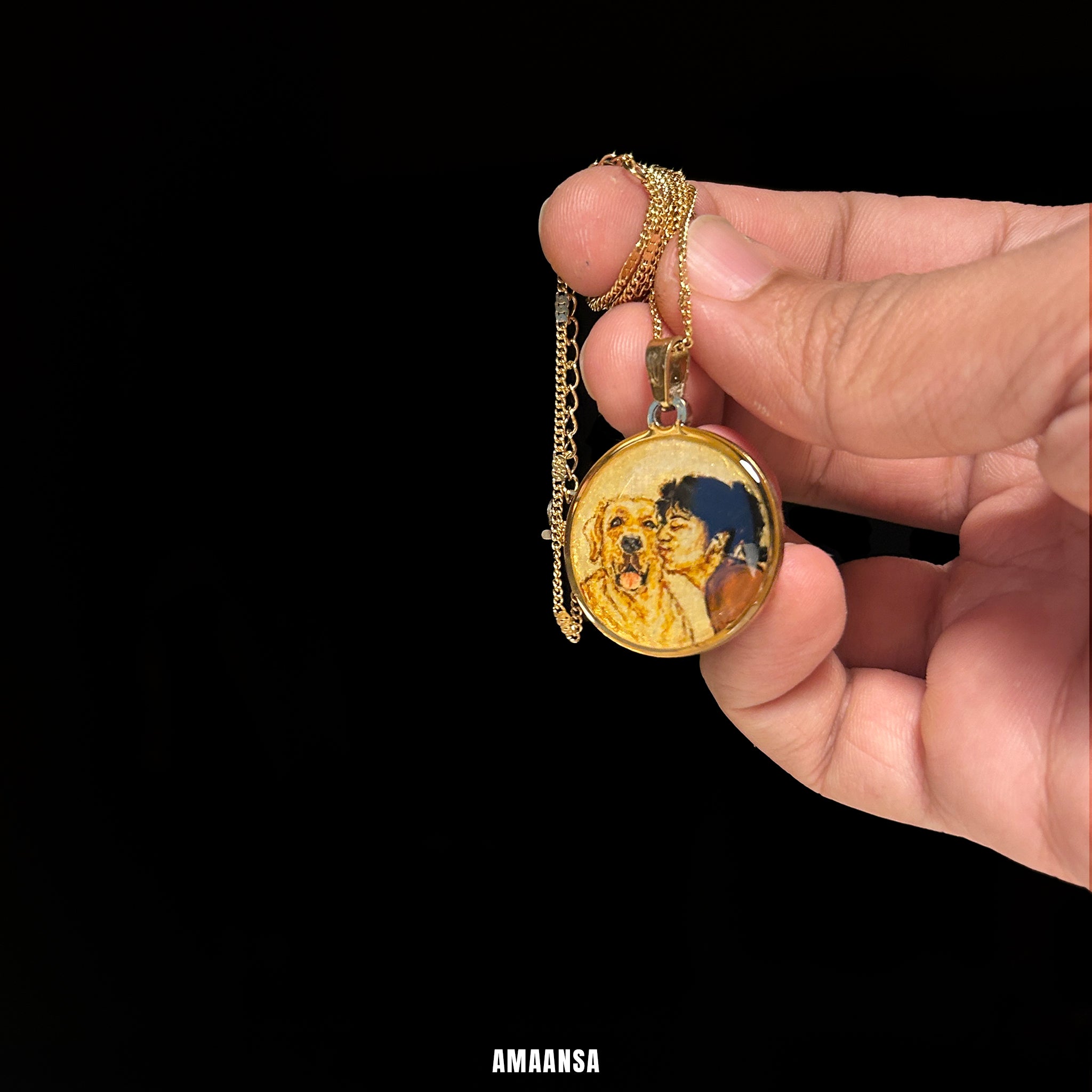Custom two-face pet memorial locket handpainted portrait 18k gold PVD premium dog jewelry personalized pendant small dog tribute commissioned keepsake furry friend remembrance miniature art collectible memorial