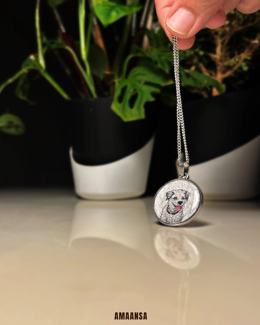Premium SilveryWhite colour Stainless Steel Custom Pet Portrait Pendant - Handpainted Miniature Art