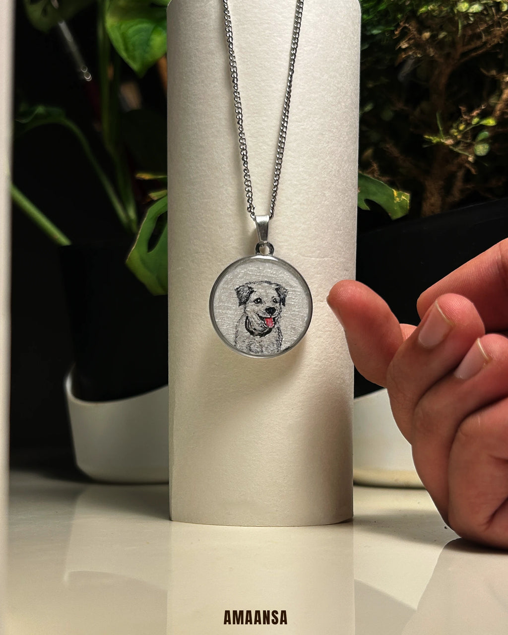 Premium SilveryWhite colour Stainless Steel Custom Pet Portrait Pendant - Handpainted Miniature Art