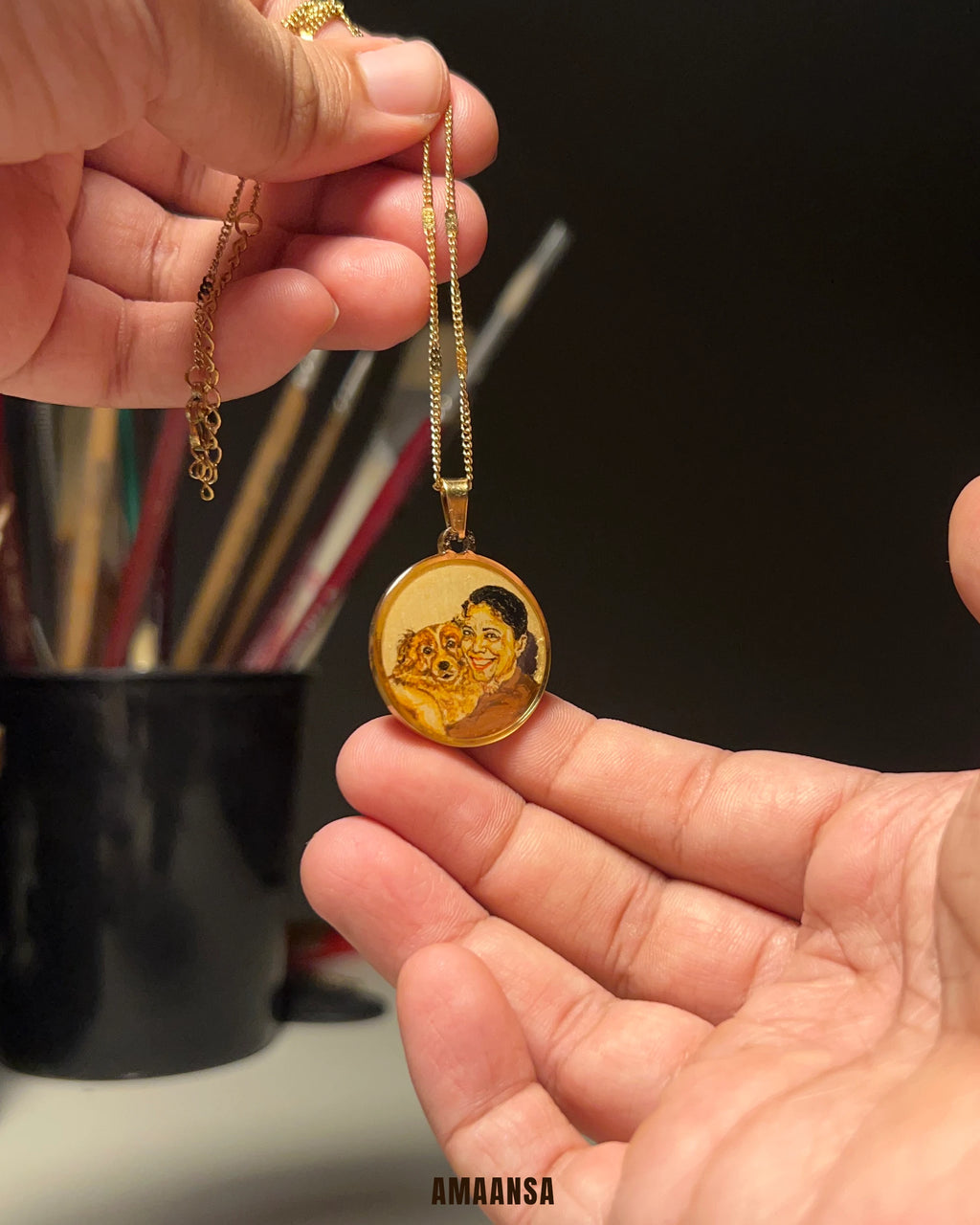 Custom Pet Portrait Pendant Premium 18k gold plated - Handpainted Miniature Art
