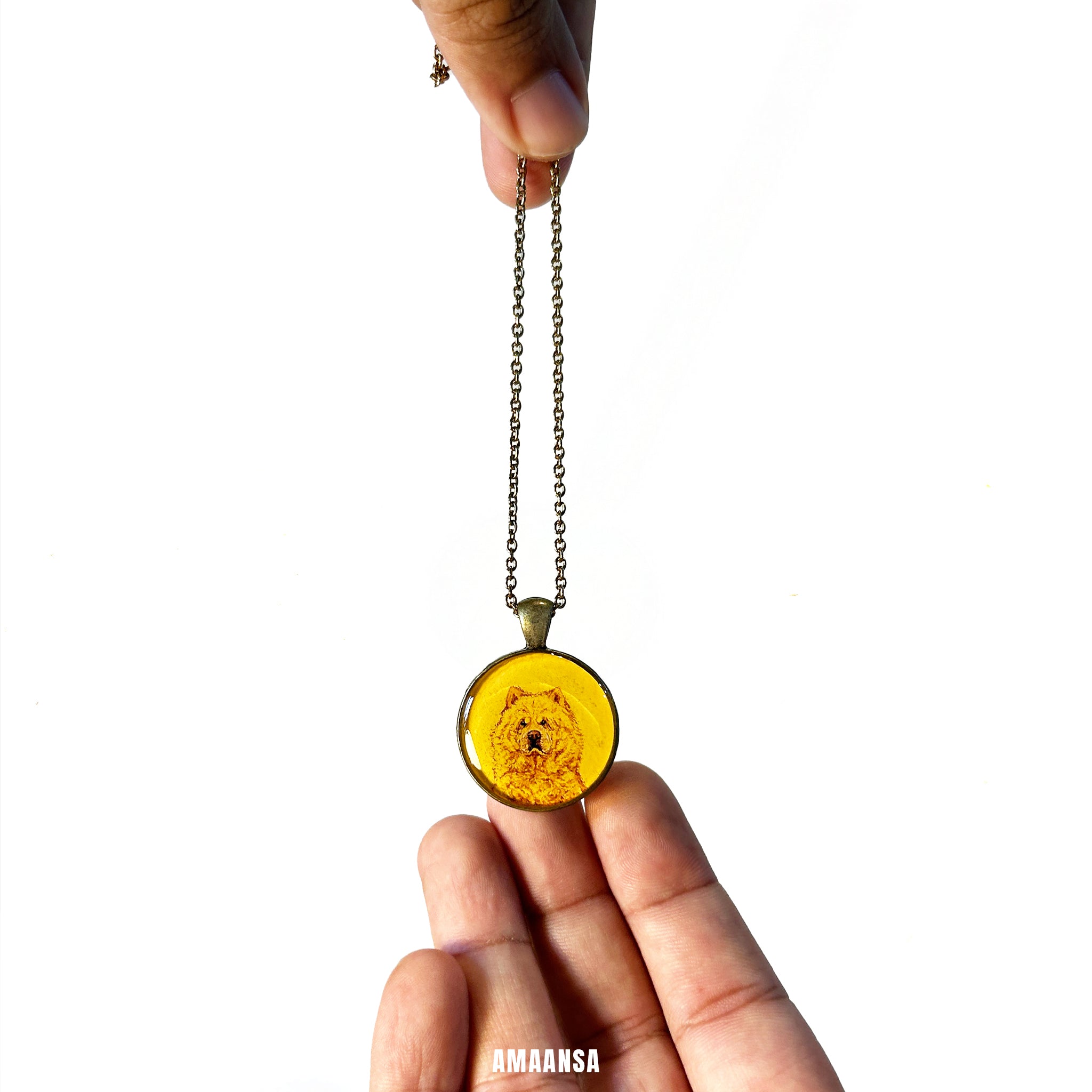 Vintage-style pet memorial locket handpainted Chow Chow miniature portrait antique patina chain custom dog jewelry vintage yellow background personalized keepsake furry companion remembrance AMAANSA collectible memorial pendant
