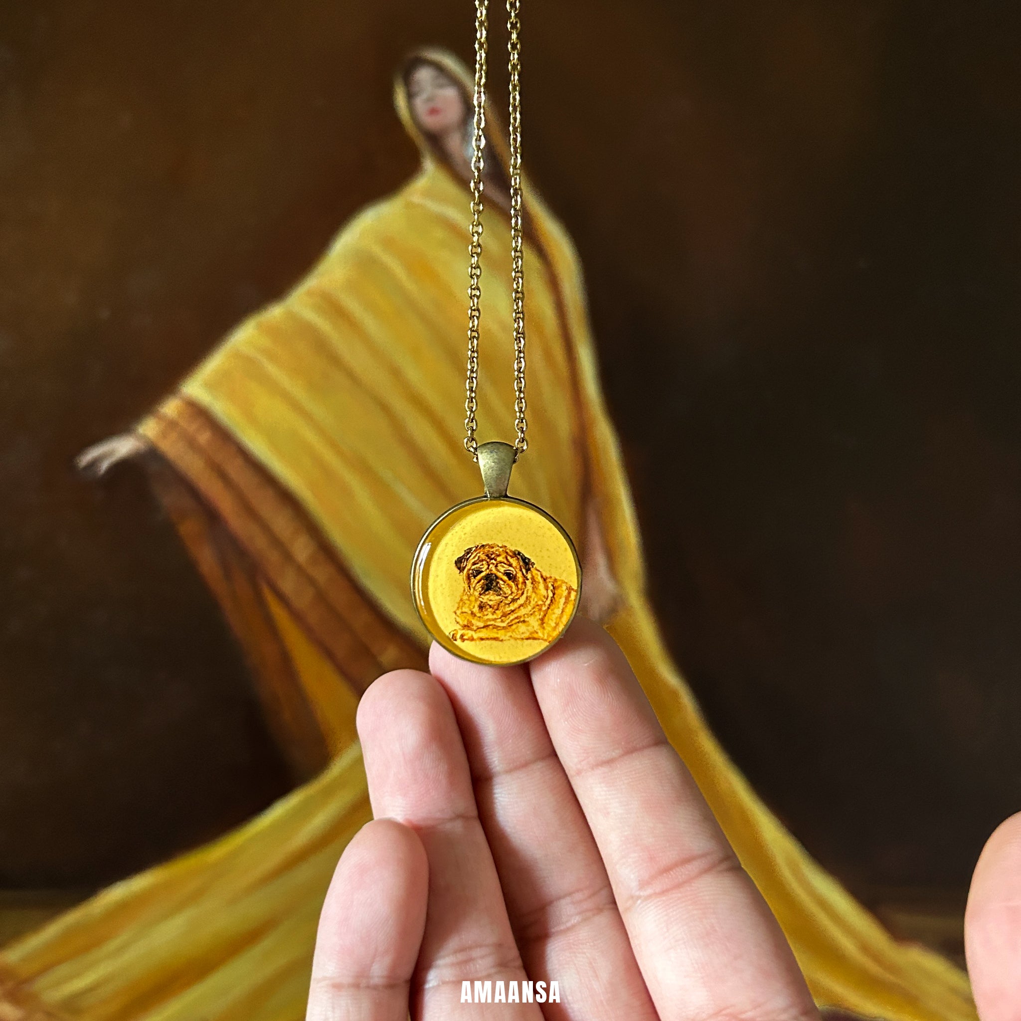 Handpainted vintage pet portrait locket custom Chow Chow dog miniature art antique finish ornate chain vintage yellow backdrop personalized pet jewelry beloved companion tribute collectible remembrance