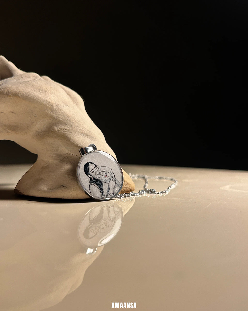 Premium SilveryWhite colour Stainless Steel Custom Pet Portrait Pendant - Handpainted Miniature Art