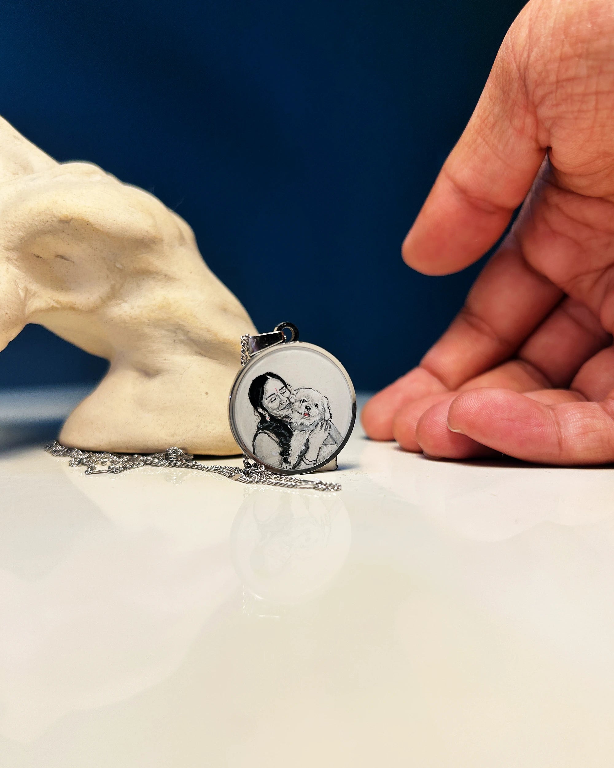 Premium SilveryWhite colour Stainless Steel Custom Pet Portrait Pendant - Handpainted Miniature Art