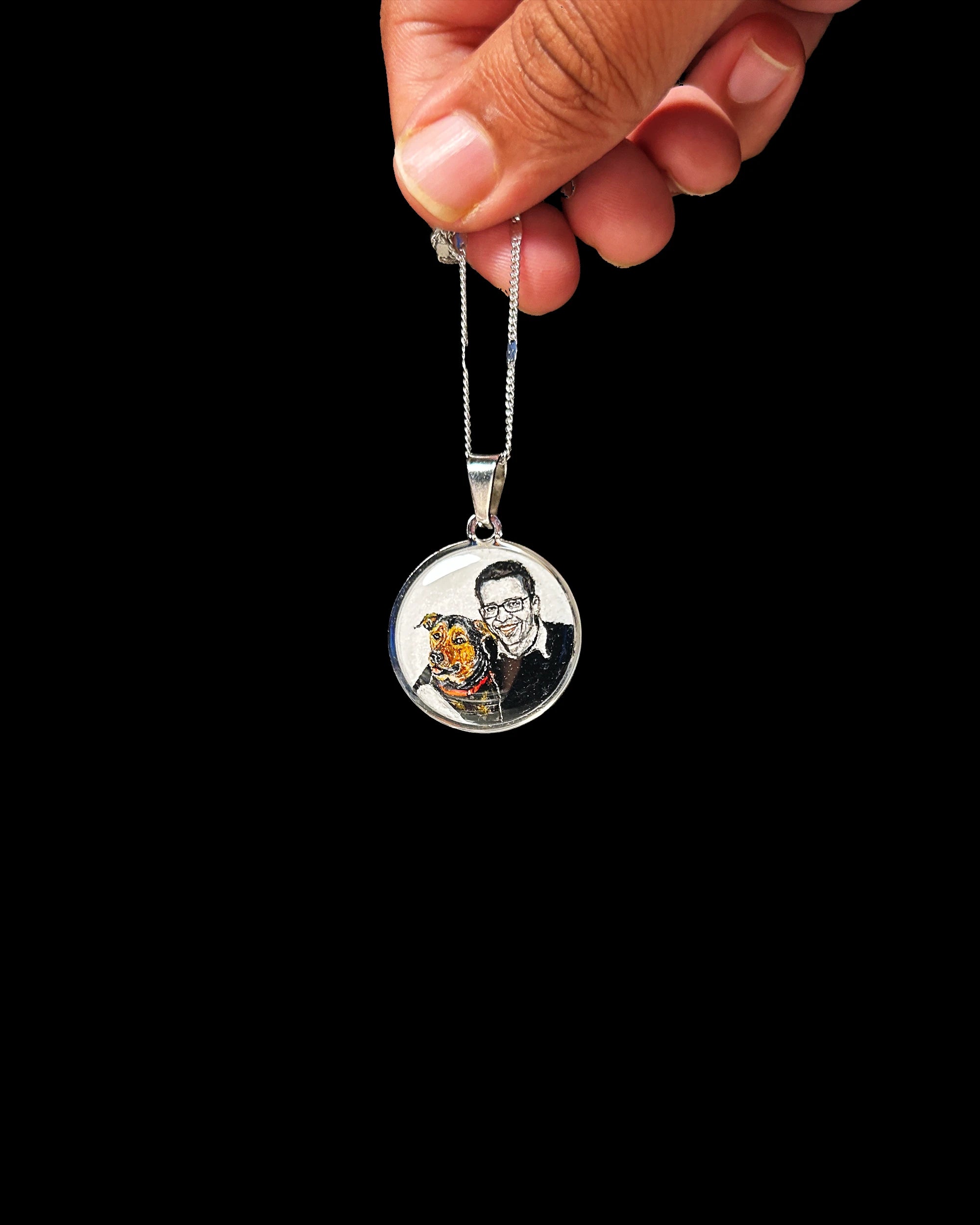 Premium SilveryWhite colour Stainless Steel Custom Pet Portrait Pendant - Handpainted Miniature Art