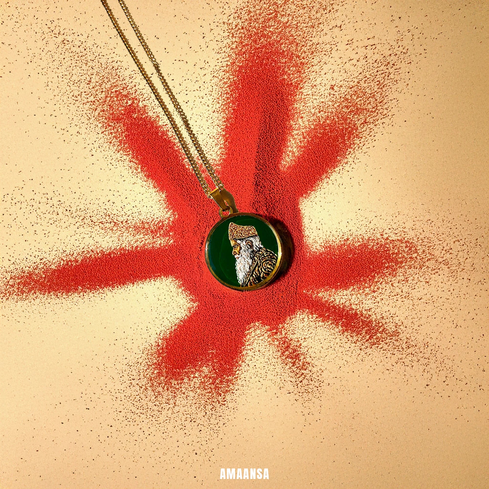 Shri Sadguru Martand Manik Prabhu Maharaj Miniature Portrait Pendant- HandPainted , 18k Gold PVD , full coloured