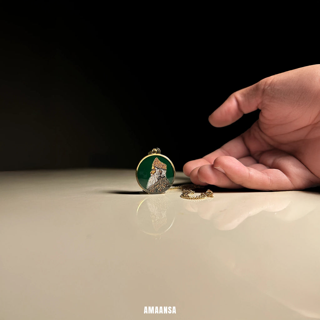 Shri Sadguru Martand Manik Prabhu Maharaj Miniature Portrait Pendant- HandPainted , 18k Gold PVD , full coloured