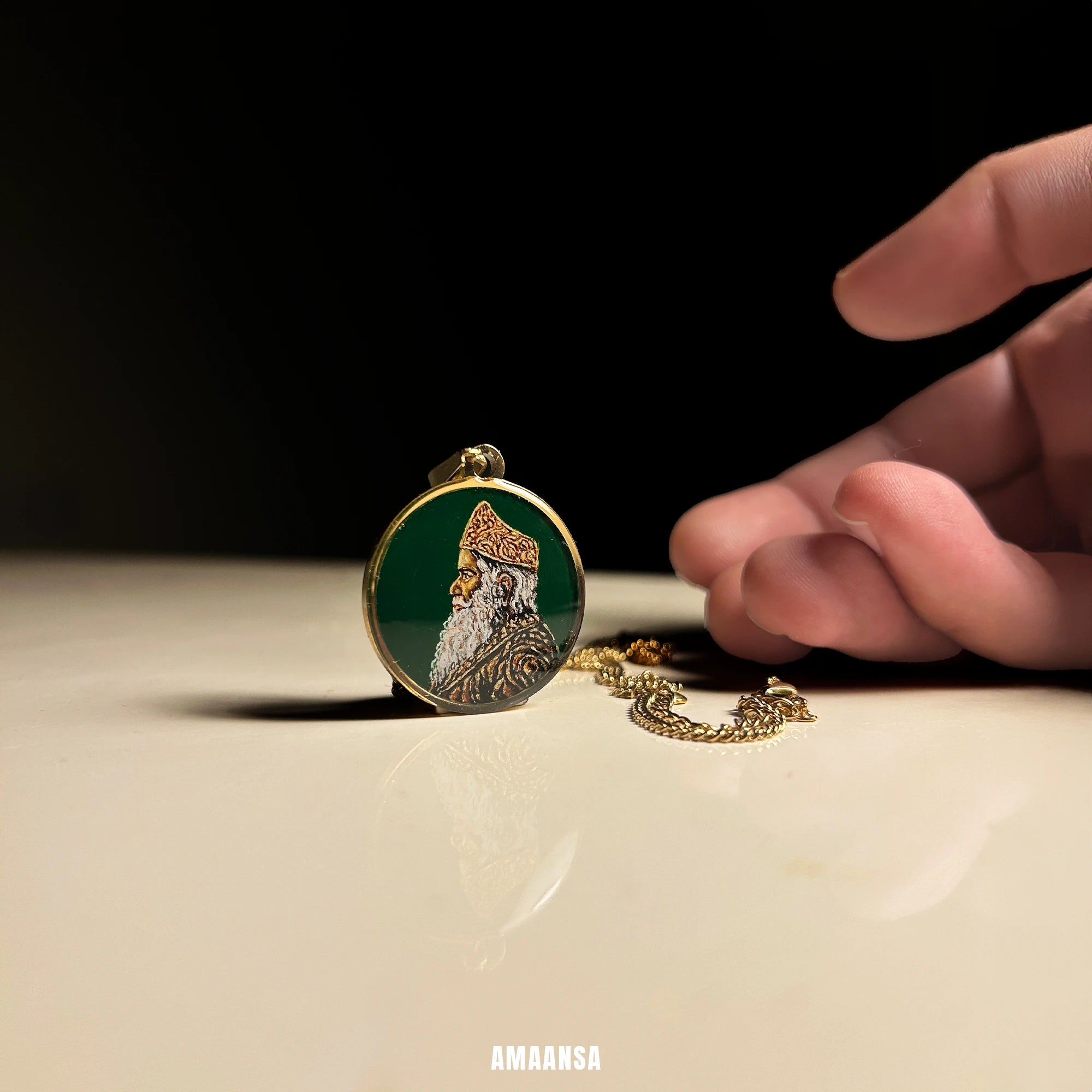 Shri Sadguru Martand Manik Prabhu Maharaj Miniature Portrait Pendant- HandPainted , 18k Gold PVD , full coloured