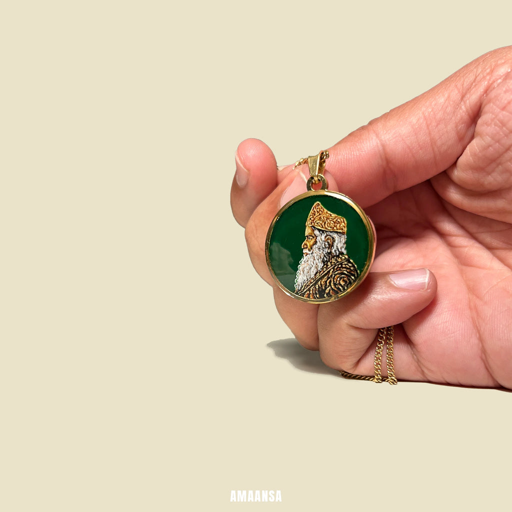 Shri Sadguru Martand Manik Prabhu Maharaj Miniature Portrait Pendant- HandPainted , 18k Gold PVD , full coloured