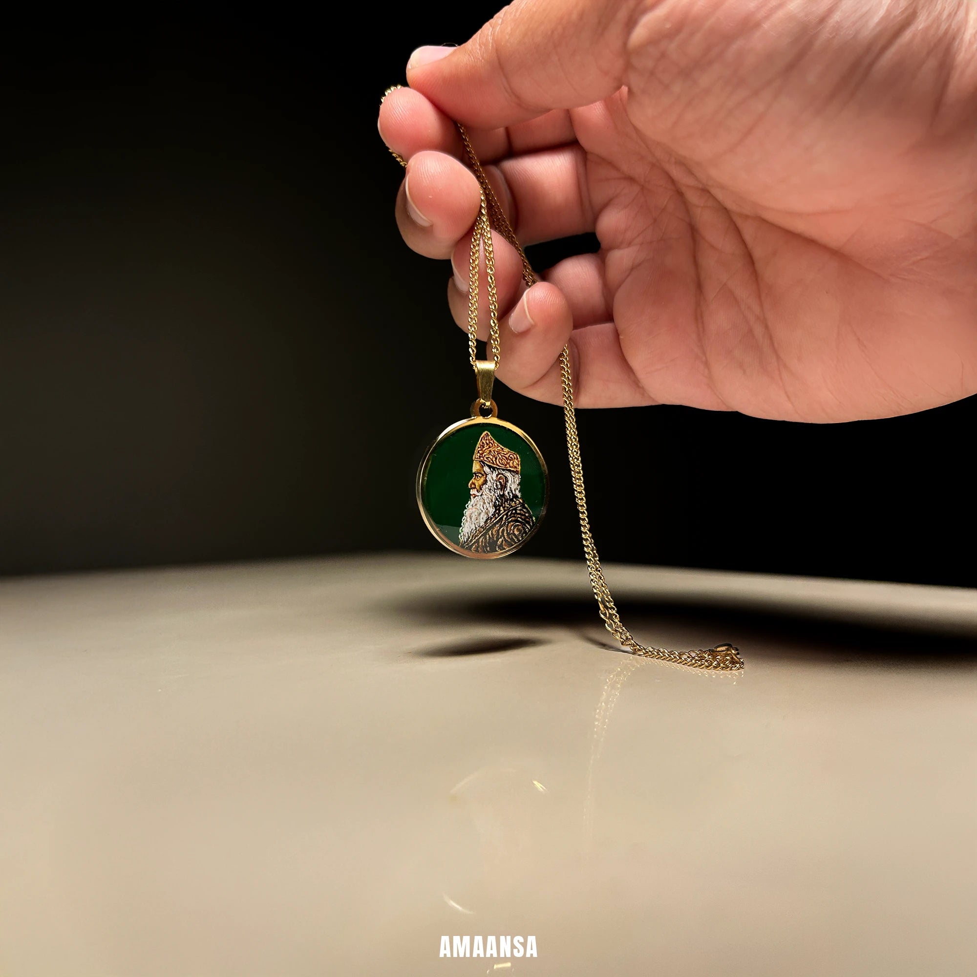 Shri Sadguru Martand Manik Prabhu Maharaj Miniature Portrait Pendant- HandPainted , 18k Gold PVD , full coloured