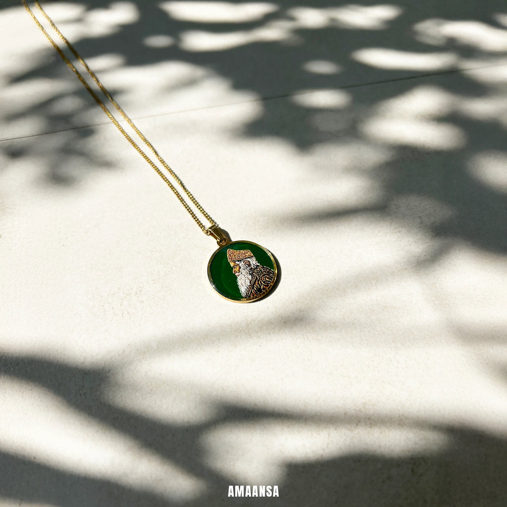 Shri Sadguru Martand Manik Prabhu Maharaj Miniature Portrait Pendant- HandPainted , 18k Gold PVD , full coloured