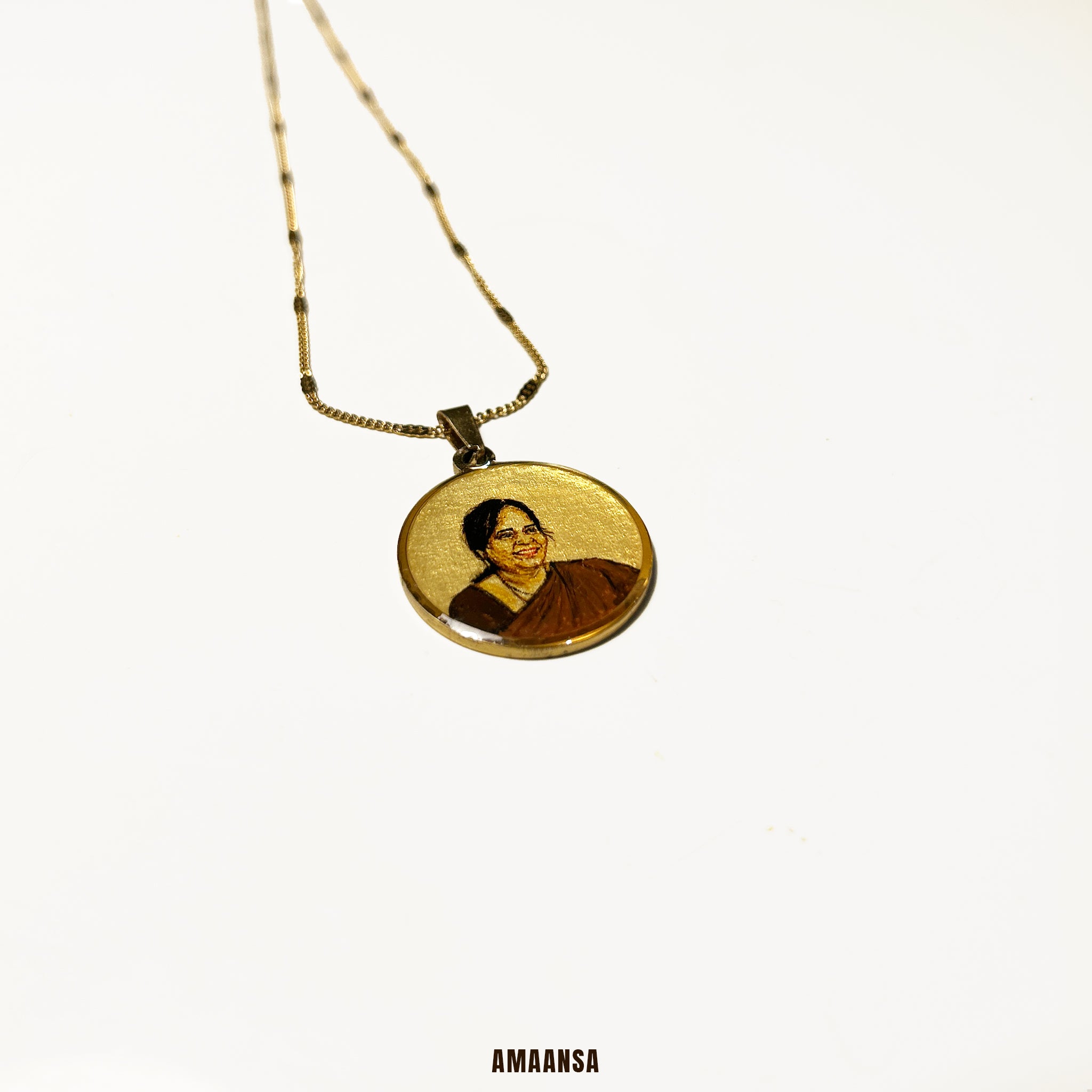 Luxury 18k gold PVD portrait pendant necklace memorial mother handpainted miniature art stainless steel base burnt umber hues remembrance jewelry heirloom keepsake son commissioned grief support wearable memory treasure