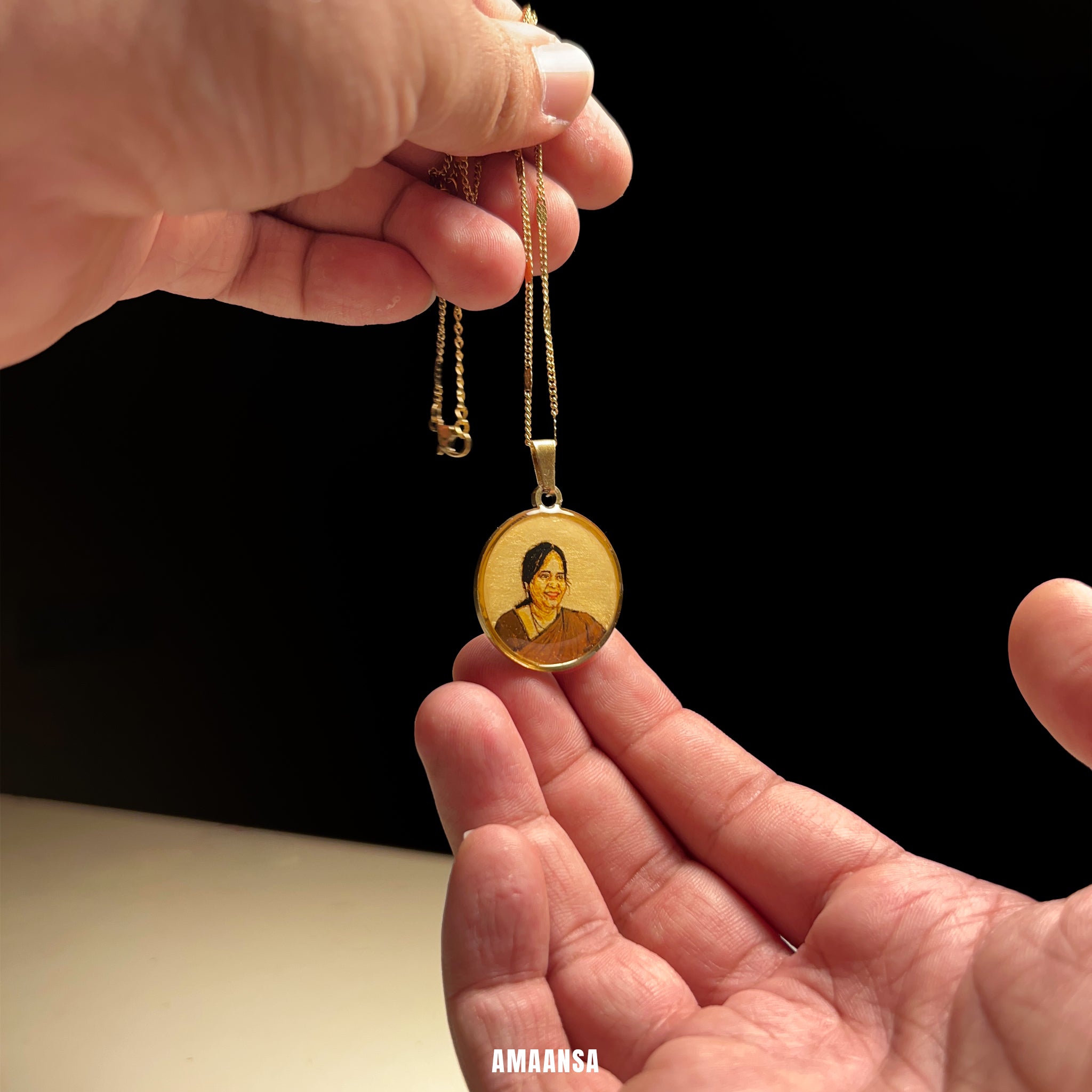 Premium 18k gold pendant custom memorial portrait handpainted miniature art monochrome painting mother remembrance luxury jewelry stainless steel detailed brushwork AMAANSA branding heirloom treasure piece