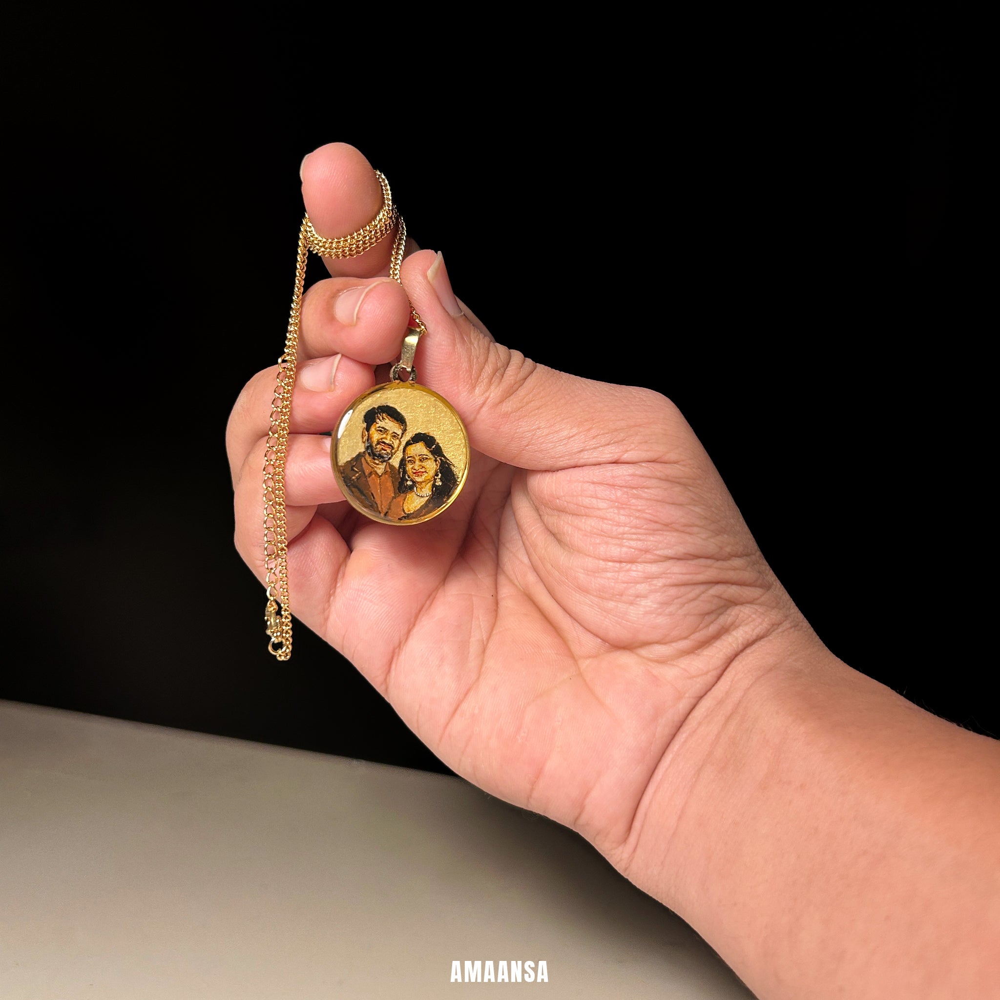 18k gold PVD two face pendant newly married couple handpainted miniature art luxury wedding jewelry husband gift wife burnt umber painting stainless steel romantic keepsake AMAANSA newlywed treasure