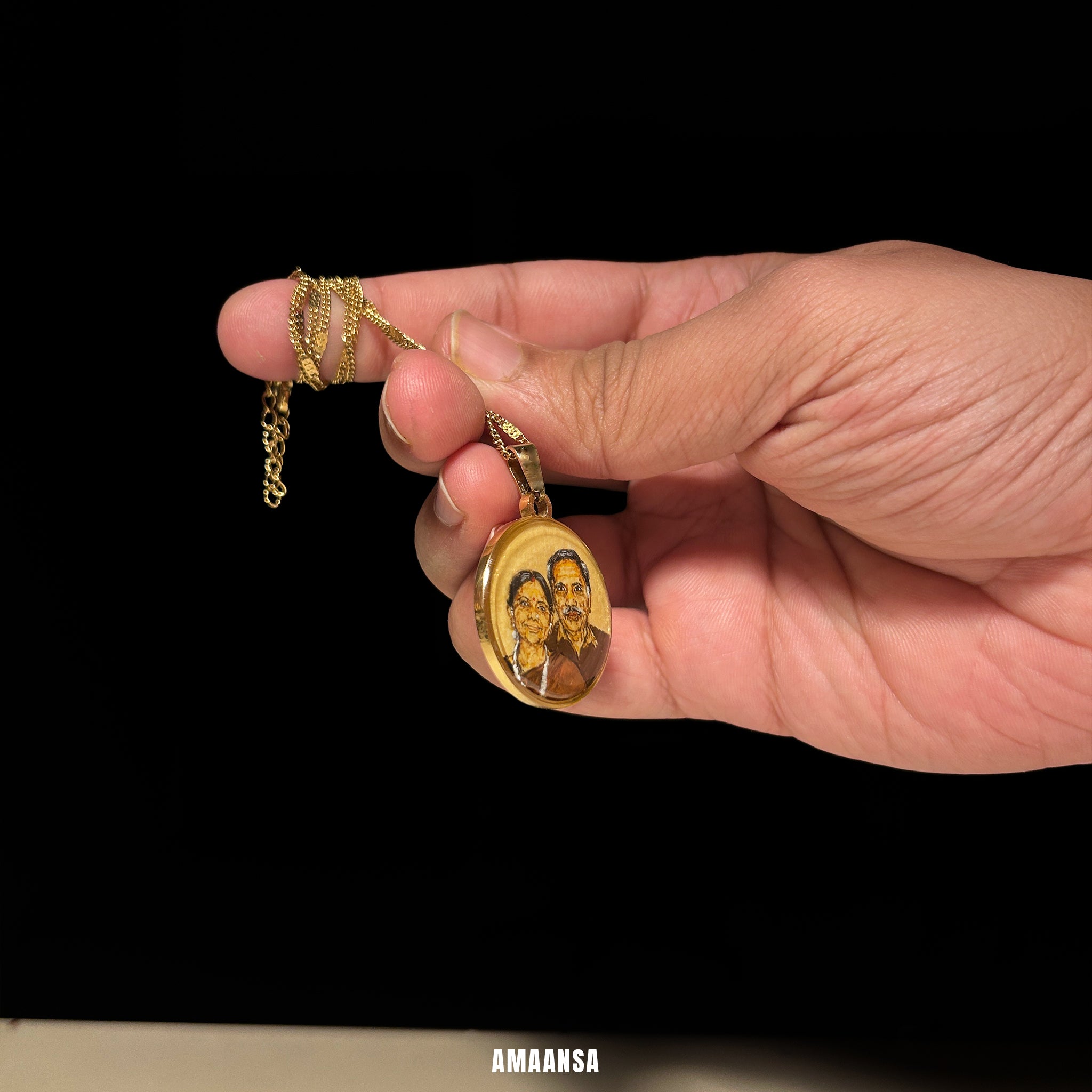 Premium 18k gold two face portrait pendant elderly parents handpainted miniature art son commissioned luxury jewelry memory preservation stainless steel burnt umber hues heirloom keepsake family legacy treasure