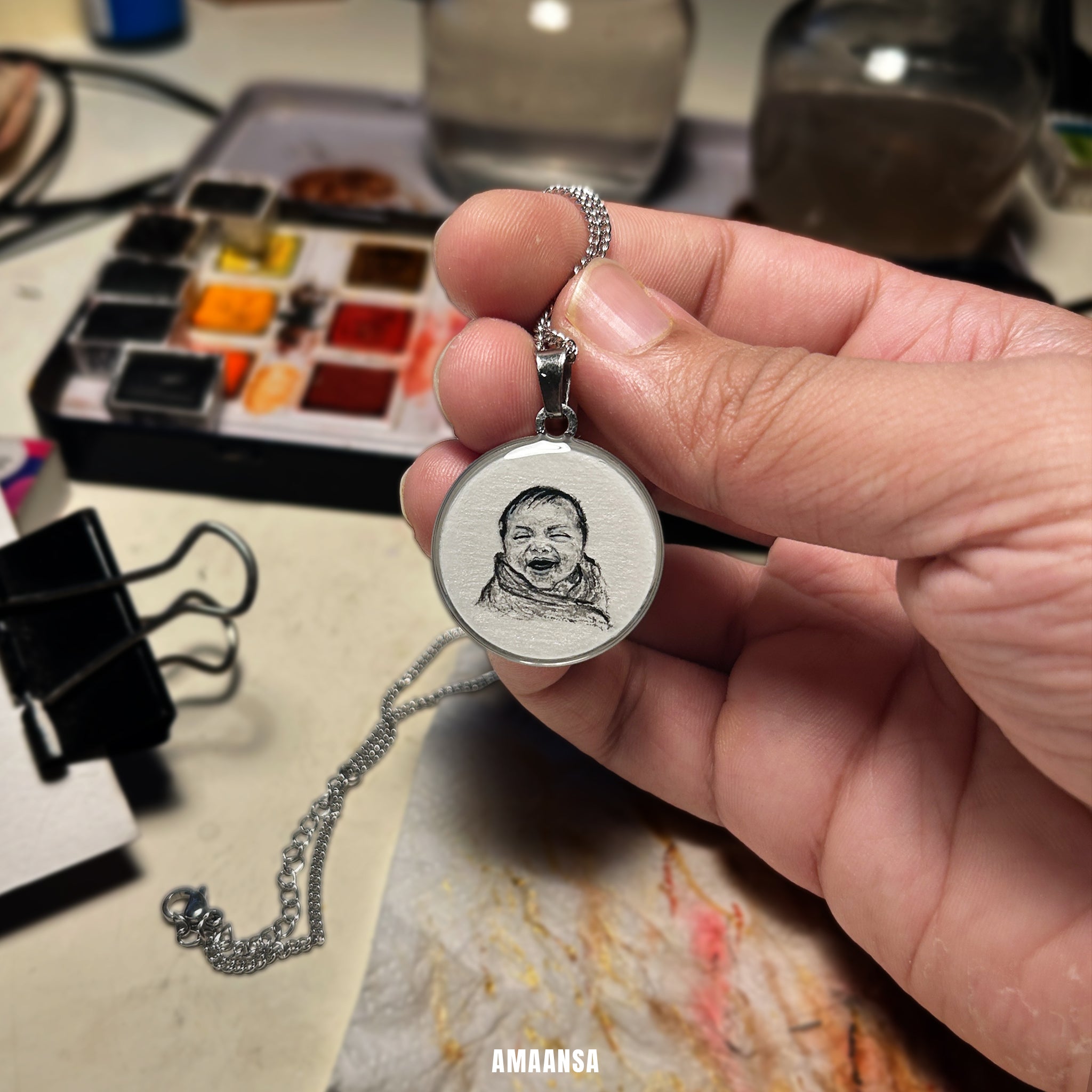 Handpainted baby portrait pendant newborn keepsake miniature art silver stainless steel chain memorial jewelry personalized gift parents commissioned detailed brushwork heirloom treasure wearable nostalgia piece