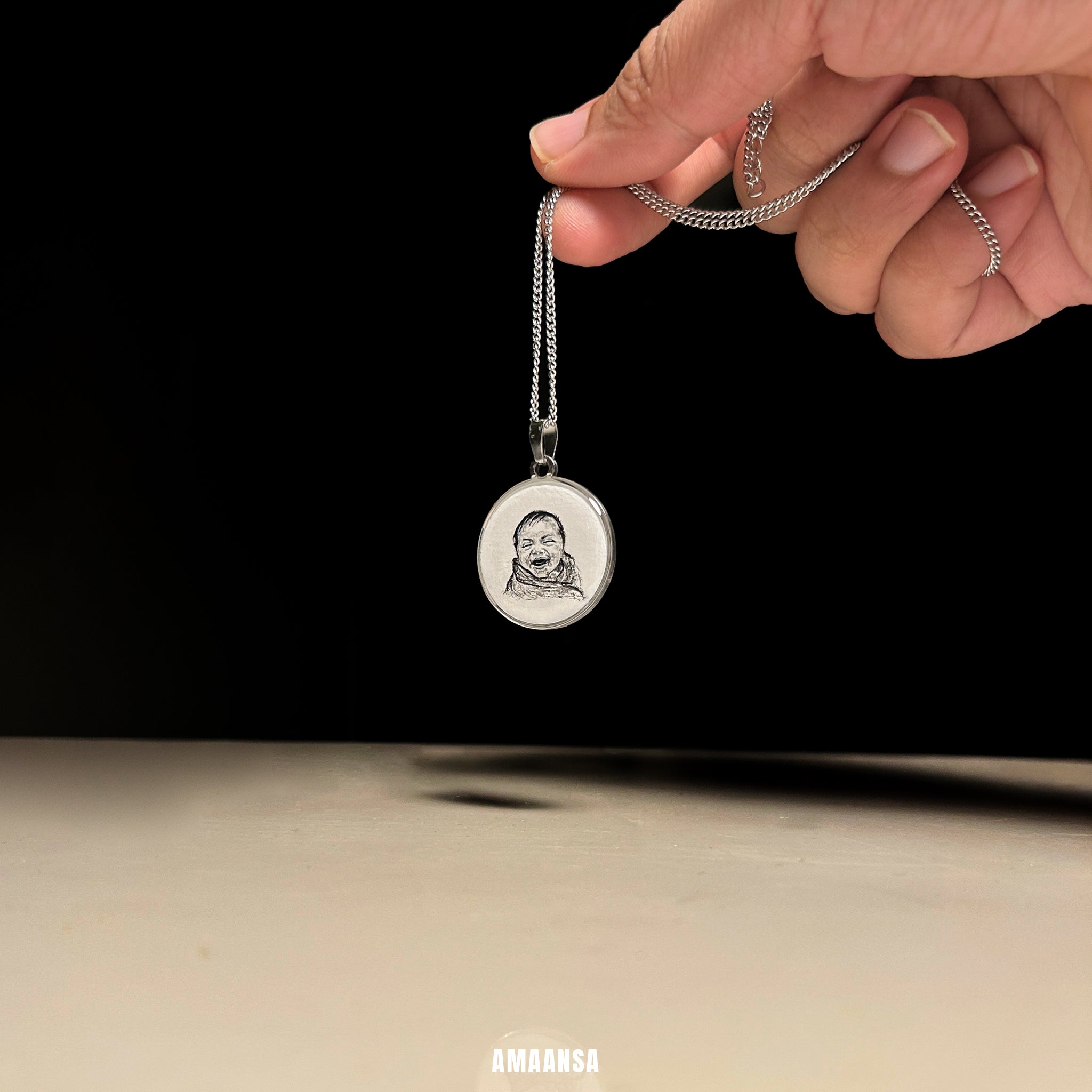 Custom portrait pendant stainless steel silver handpainted miniature art jewelry 26mm heirloom keepsake personalized gift detailed brushwork silvery white background wearable art collectible treasure piece