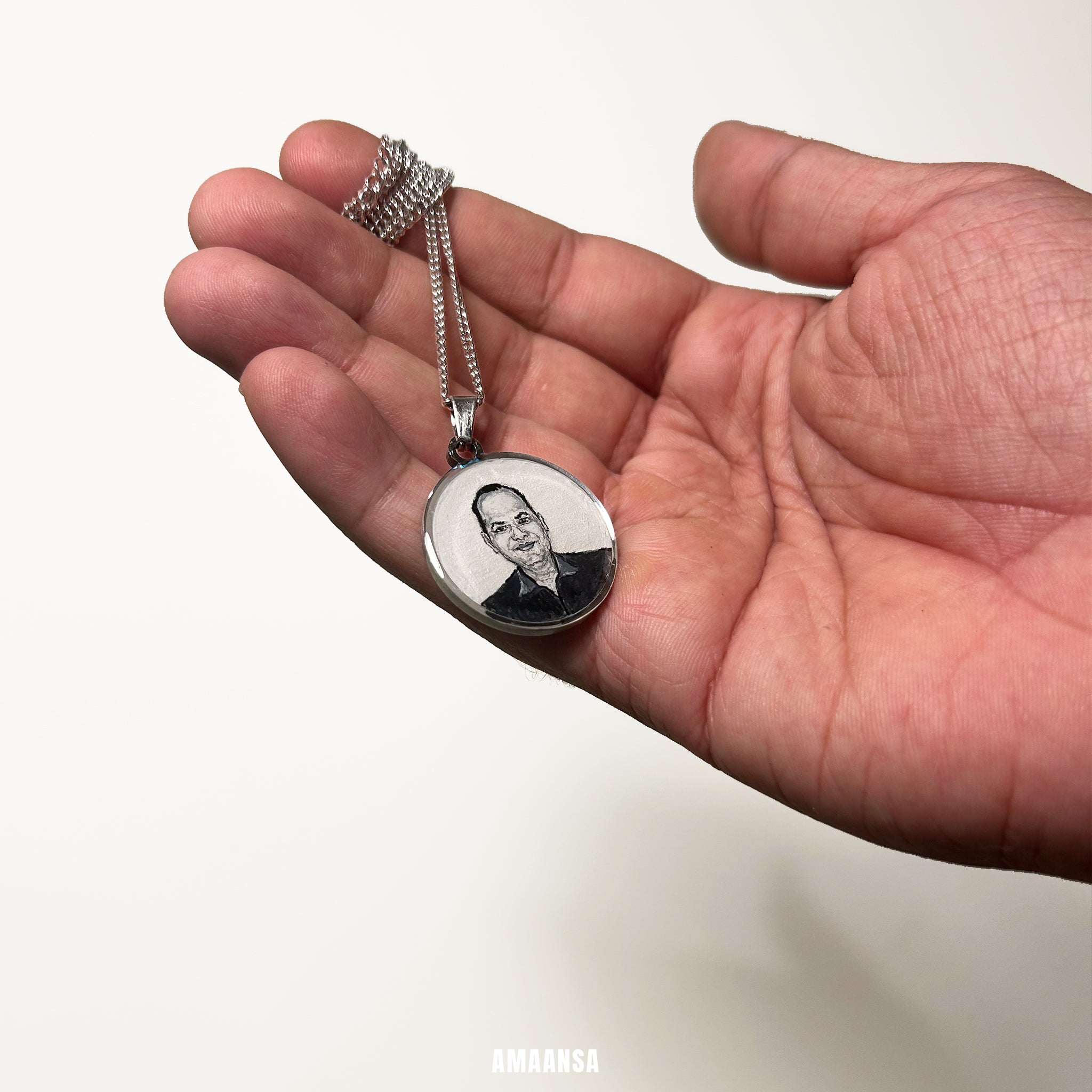 Memorial portrait pendant brother remembrance handpainted miniature art silver chain custom jewelry keepsake 26mm stainless steel personalized grief support detailed brushwork heirloom wearable memory piece