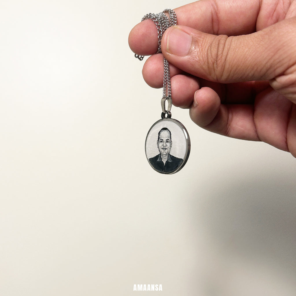 Custom memorial portrait pendant brother tribute handpainted miniature silver stainless steel chain palm size reference 26mm personalized remembrance jewelry detailed brushwork heirloom wearable legacy piece