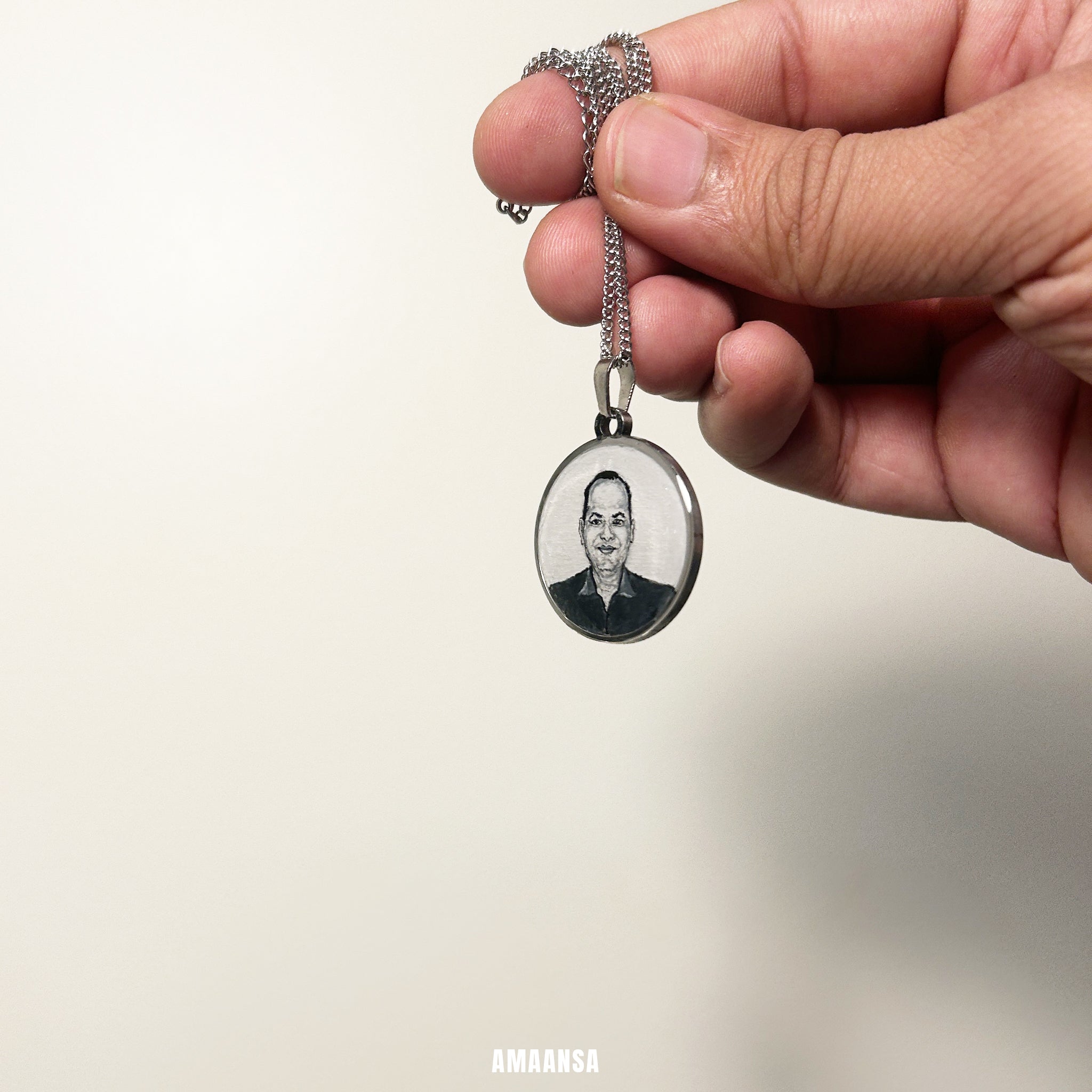 Custom memorial portrait pendant brother tribute handpainted miniature silver stainless steel chain palm size reference 26mm personalized remembrance jewelry detailed brushwork heirloom wearable legacy piece