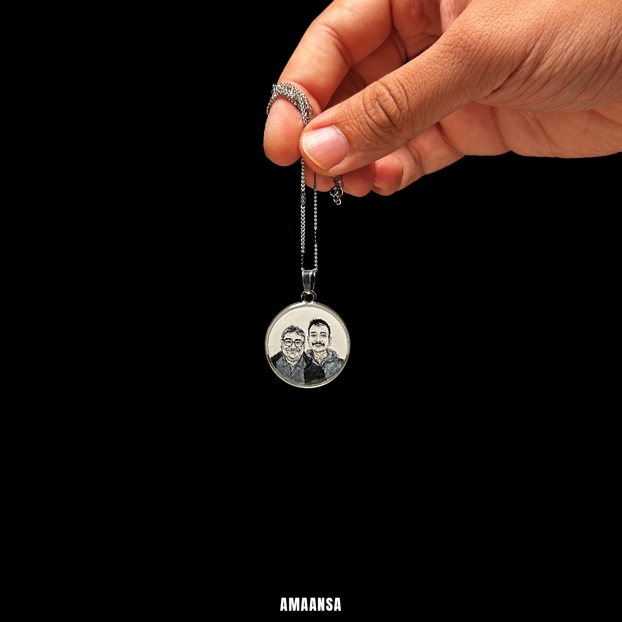 Custom two face portrait pendant father son handpainted miniature art stainless steel silver chain doctor family 26mm personalized gift special occasion detailed brushwork heirloom keepsake wearable bond treasure with AMAANSA branding