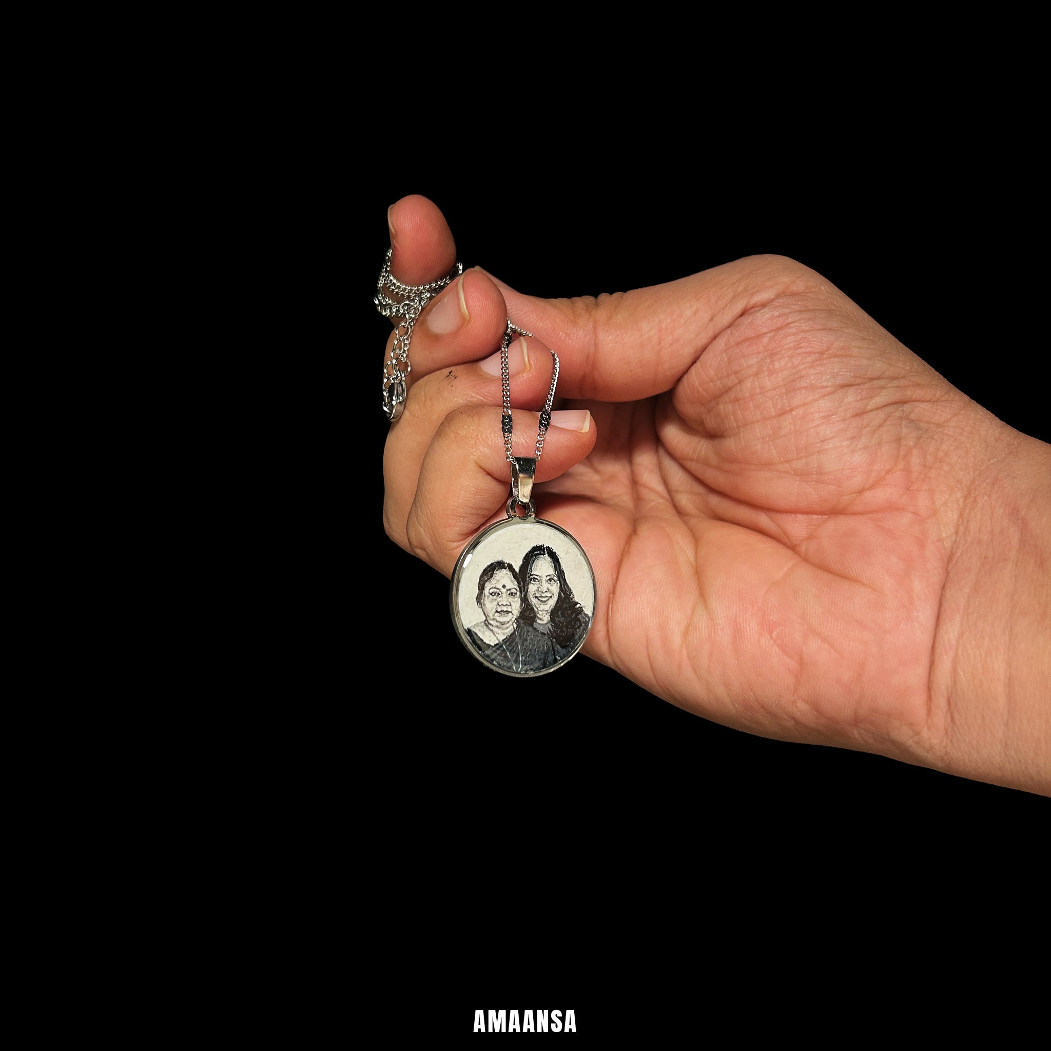 Handpainted mother daughter portrait pendant two face miniature art silver stainless steel chain close bond heirloom original art 26mm personalized keepsake detailed brushwork black background studio quality