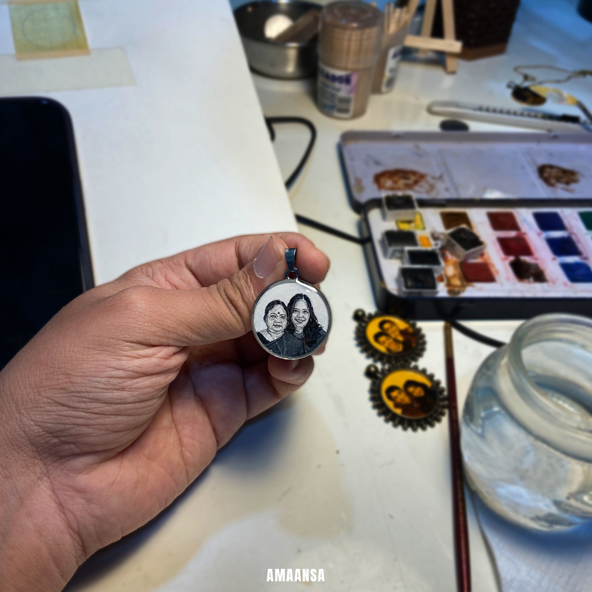 Custom mother daughter pendant two face handpainted miniature art stainless steel chain artist workshop background painting supplies 26mm heirloom original art personalized bond keepsake detailed brushwork