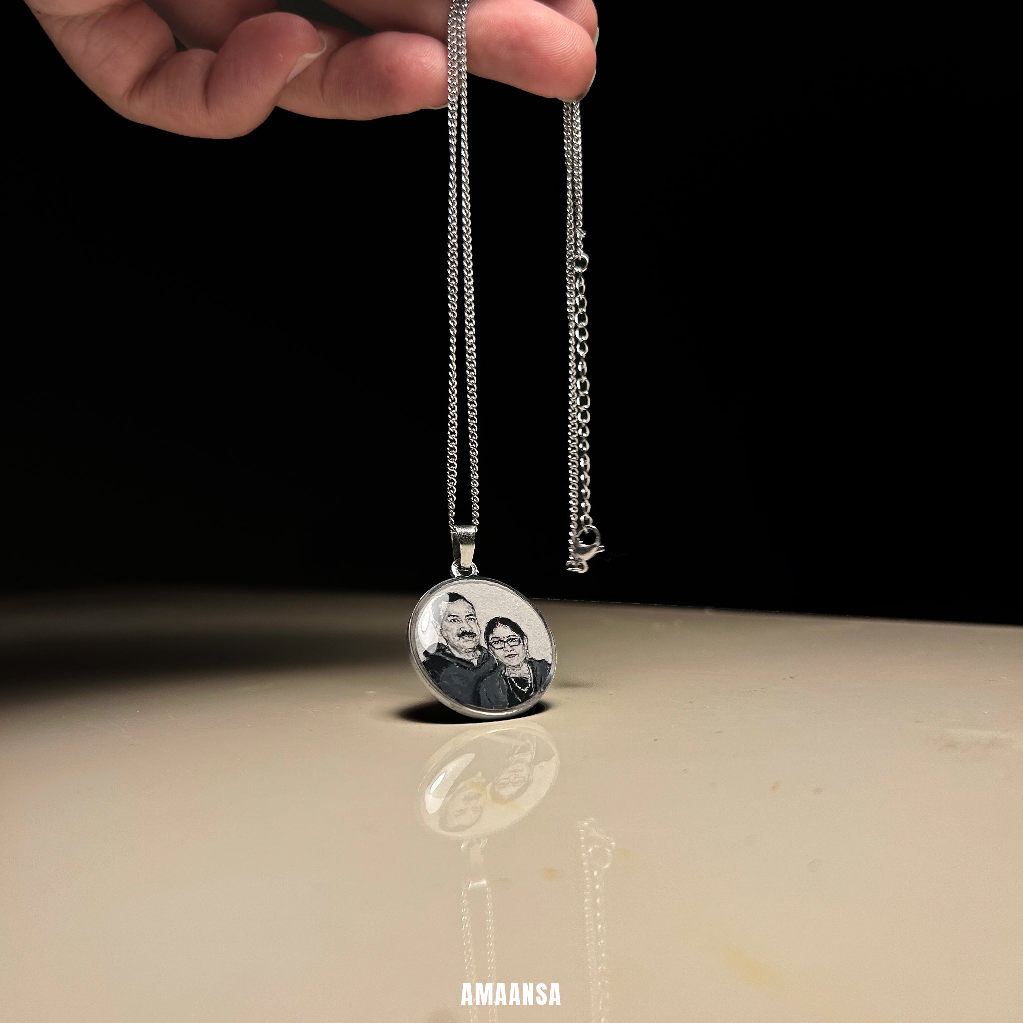 Two face portrait pendant parents anniversary handpainted miniature art stainless steel silver chain marriage celebration heirloom piece 26mm personalized gift son commissioned detailed brushwork wearable legacy