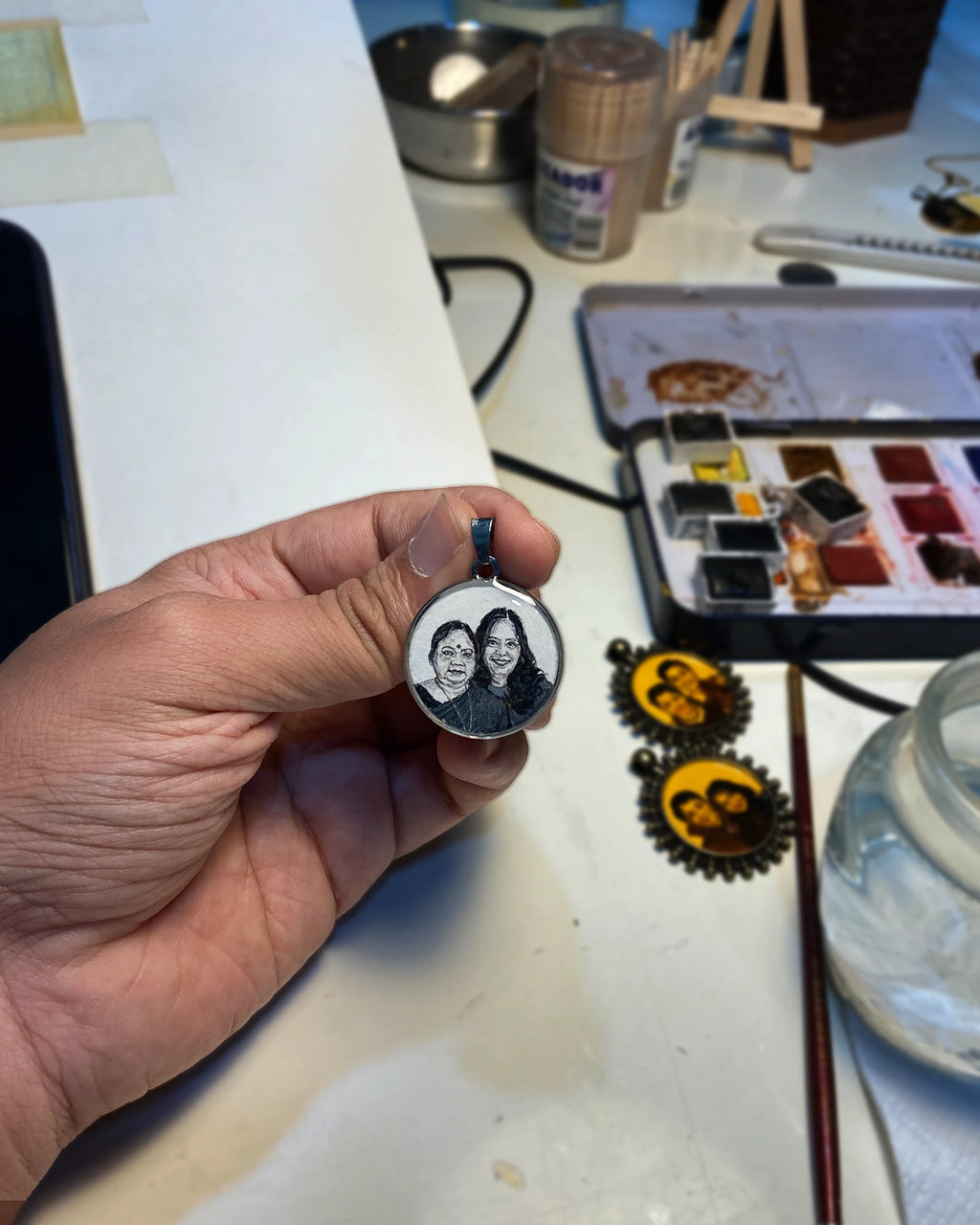 Premium SilveryWhite Custom Handpainted Miniature Portrait Pendant