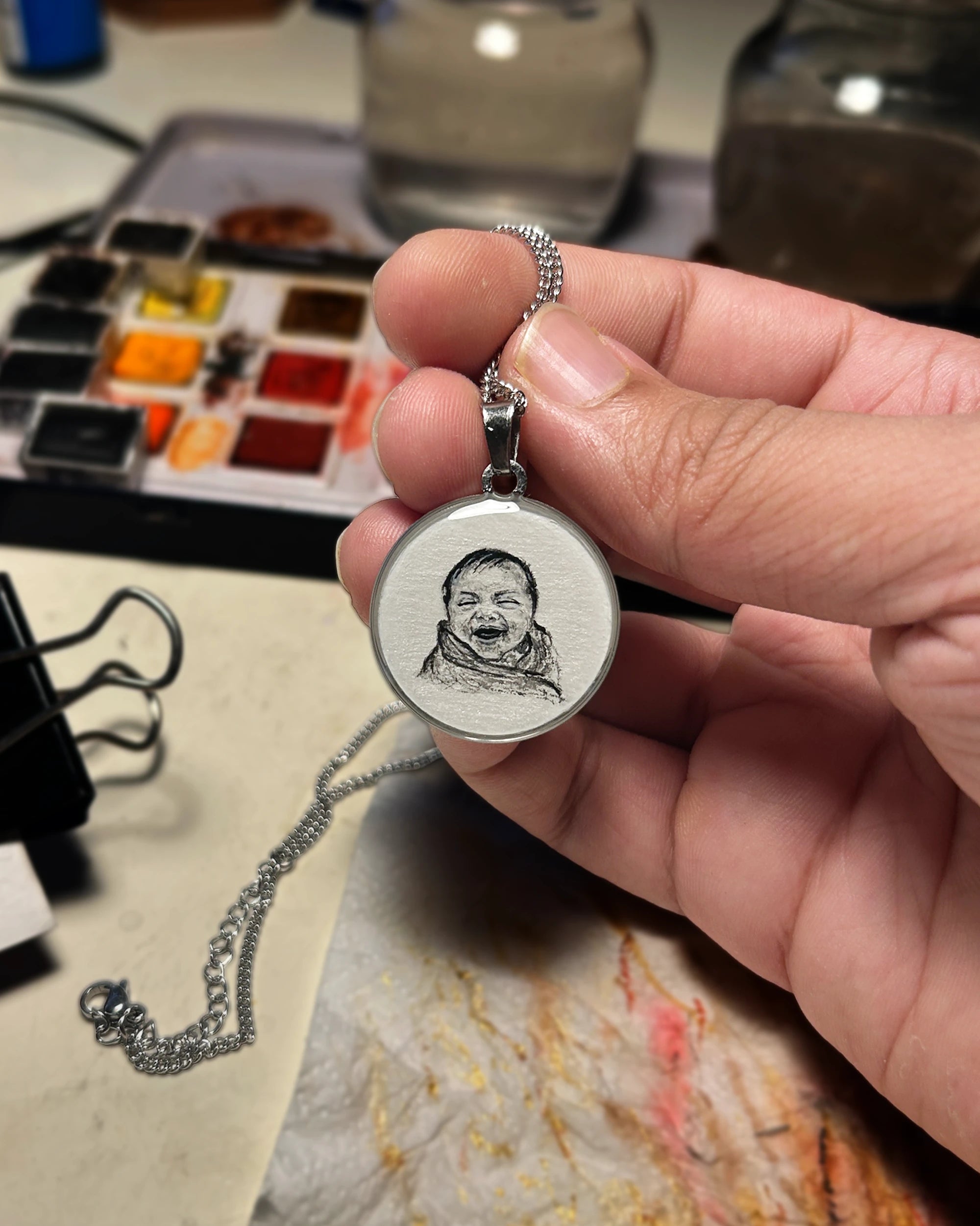 Premium SilveryWhite Custom Handpainted Miniature Portrait Pendant