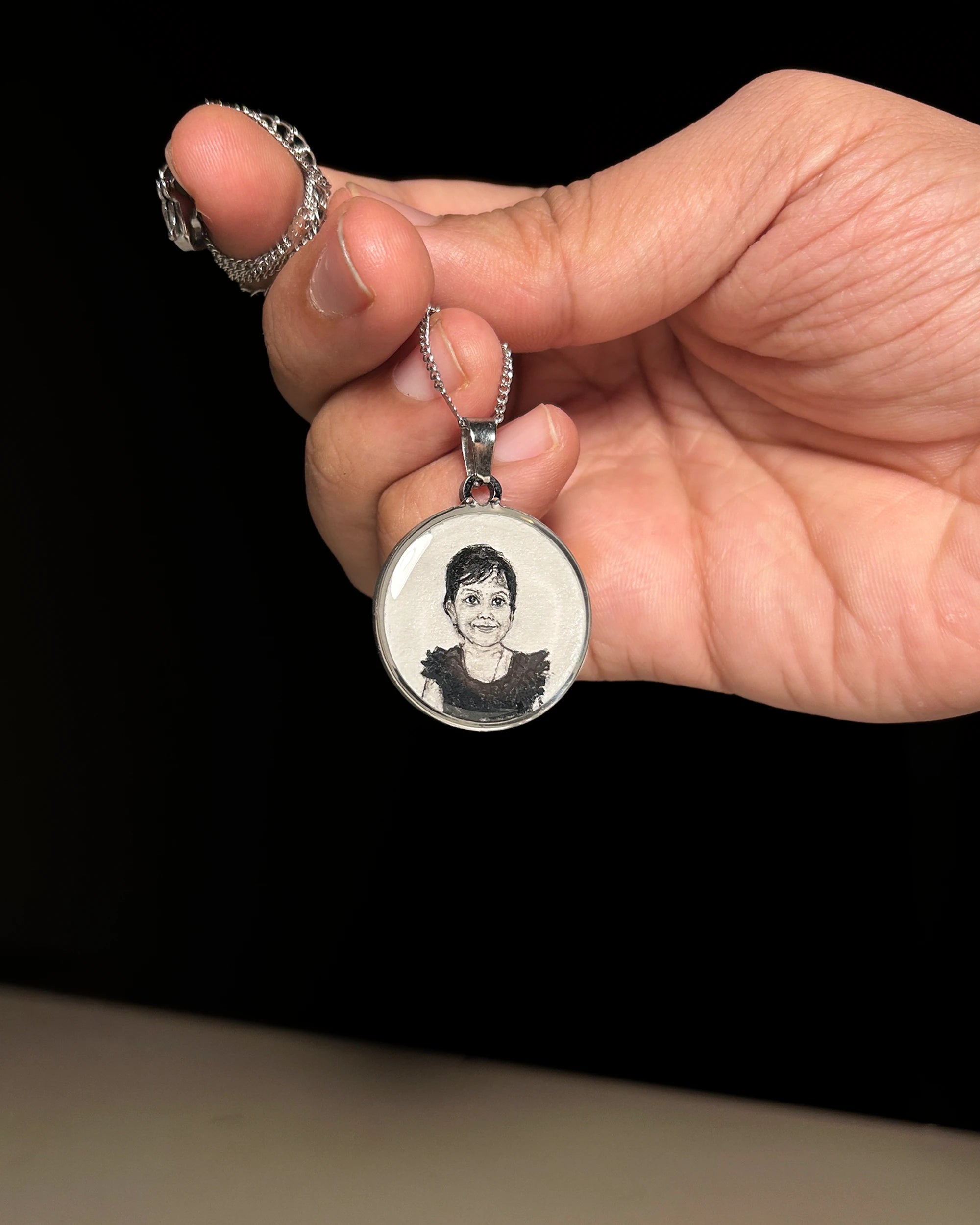 Premium SilveryWhite Custom Handpainted Miniature Portrait Pendant