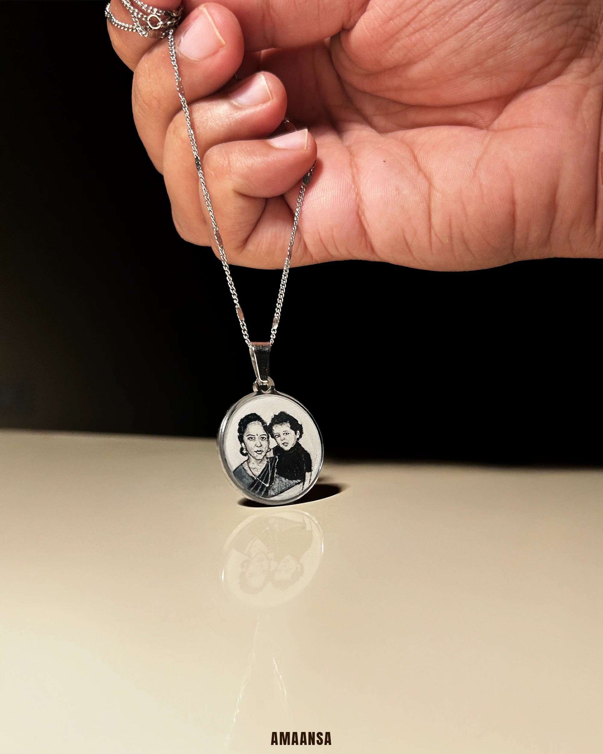 Premium SilveryWhite Custom Handpainted Miniature Portrait Pendant