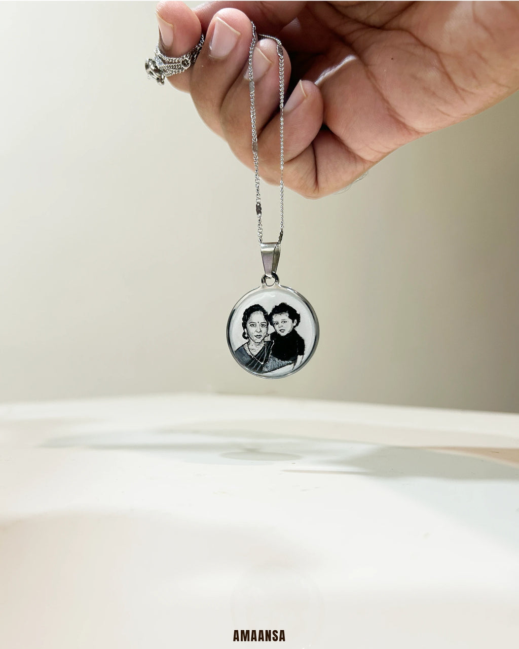 Premium SilveryWhite Custom Handpainted Miniature Portrait Pendant