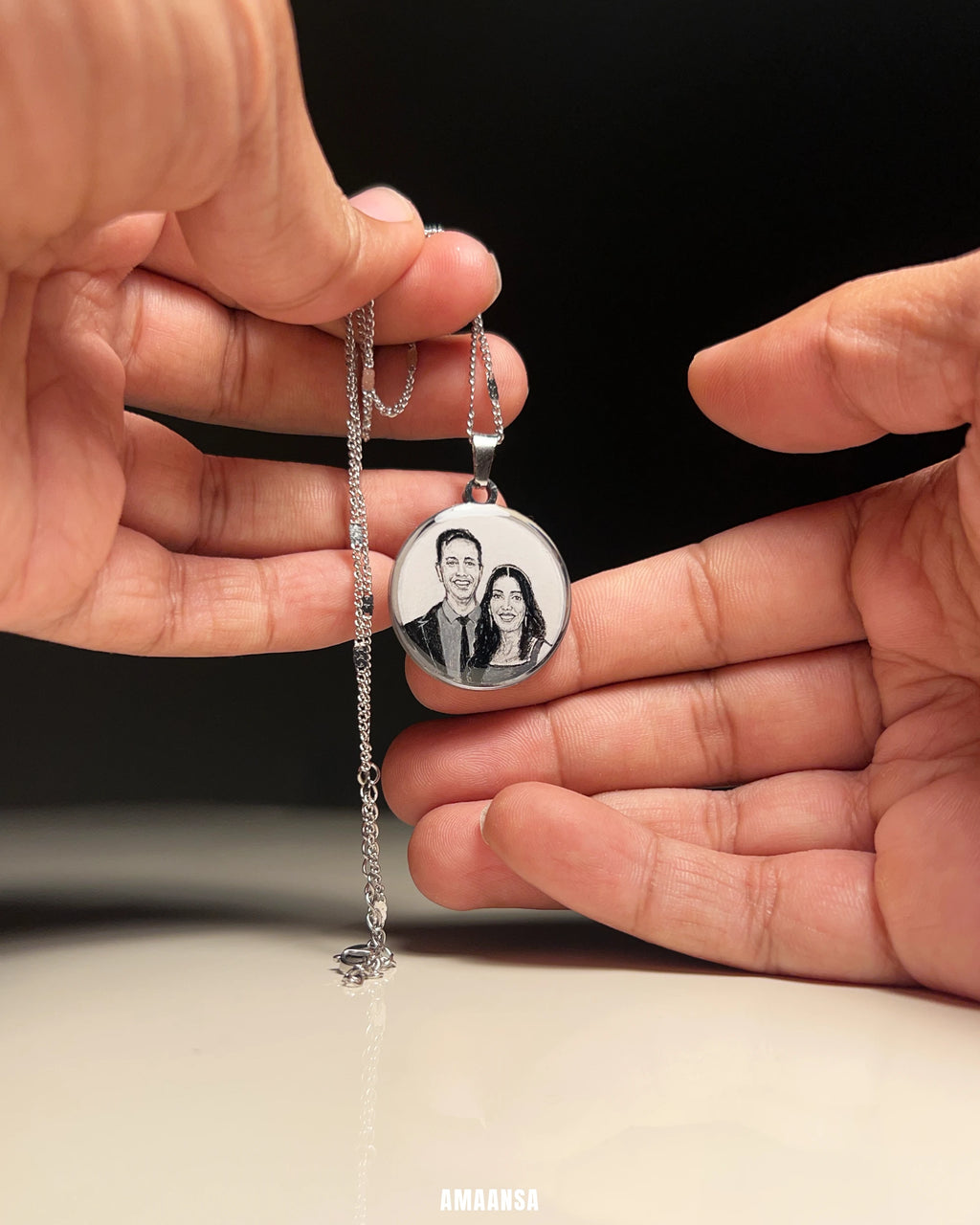 Premium SilveryWhite Custom Handpainted Miniature Portrait Pendant