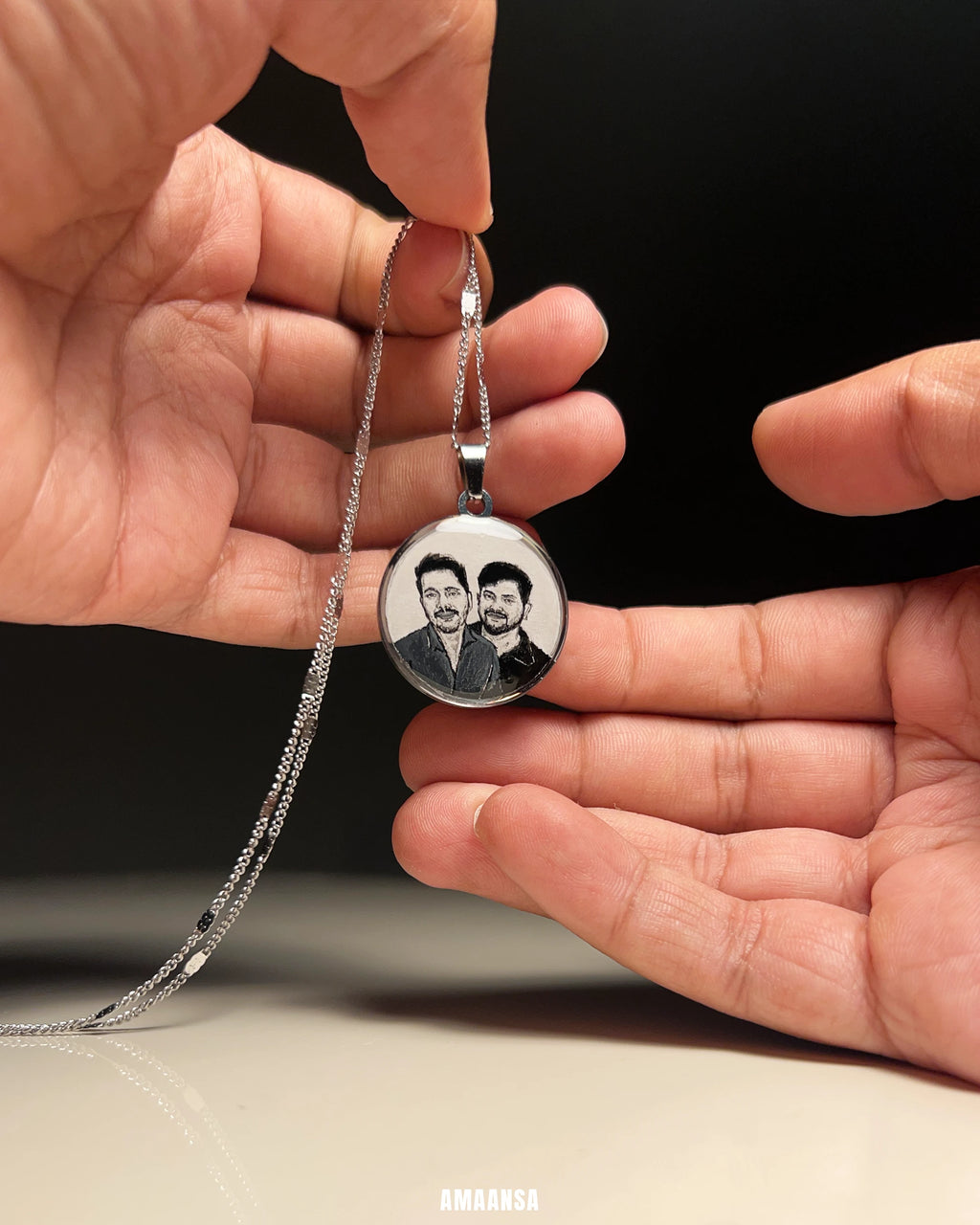 Premium SilveryWhite Custom Handpainted Miniature Portrait Pendant