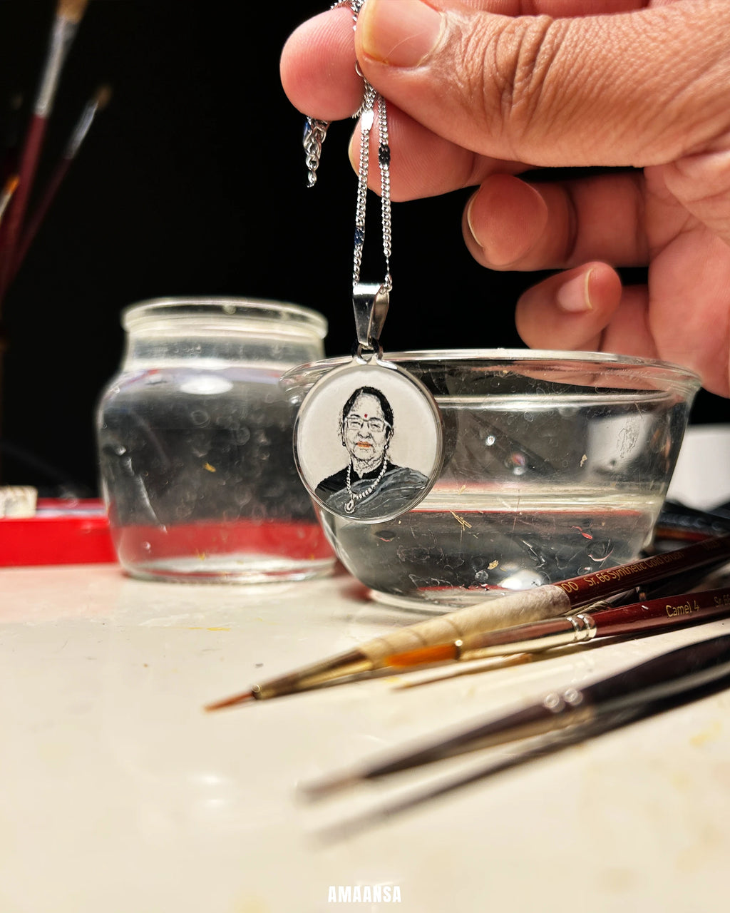 Premium SilveryWhite Custom Handpainted Miniature Portrait Pendant