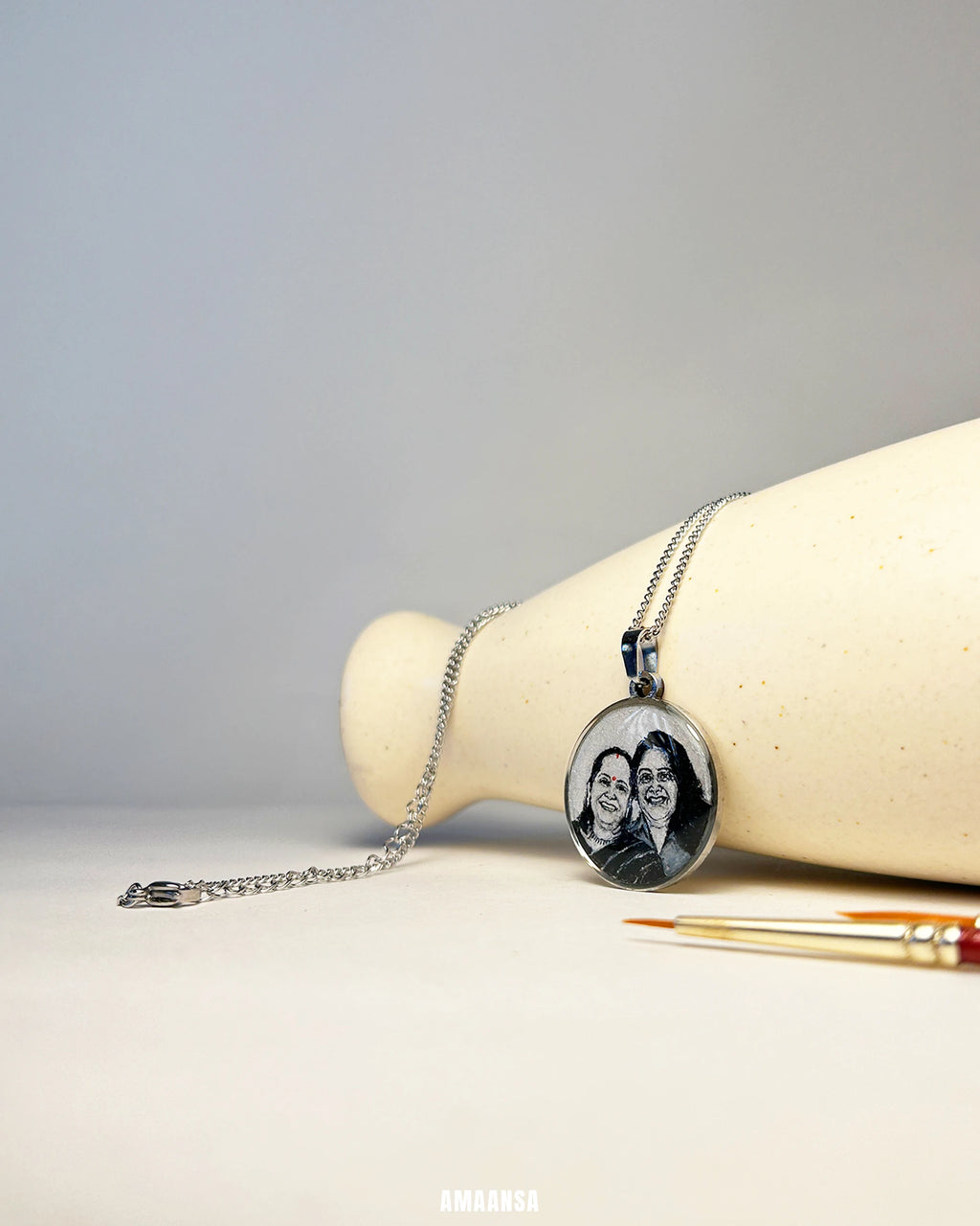 Premium SilveryWhite Custom Handpainted Miniature Portrait Pendant