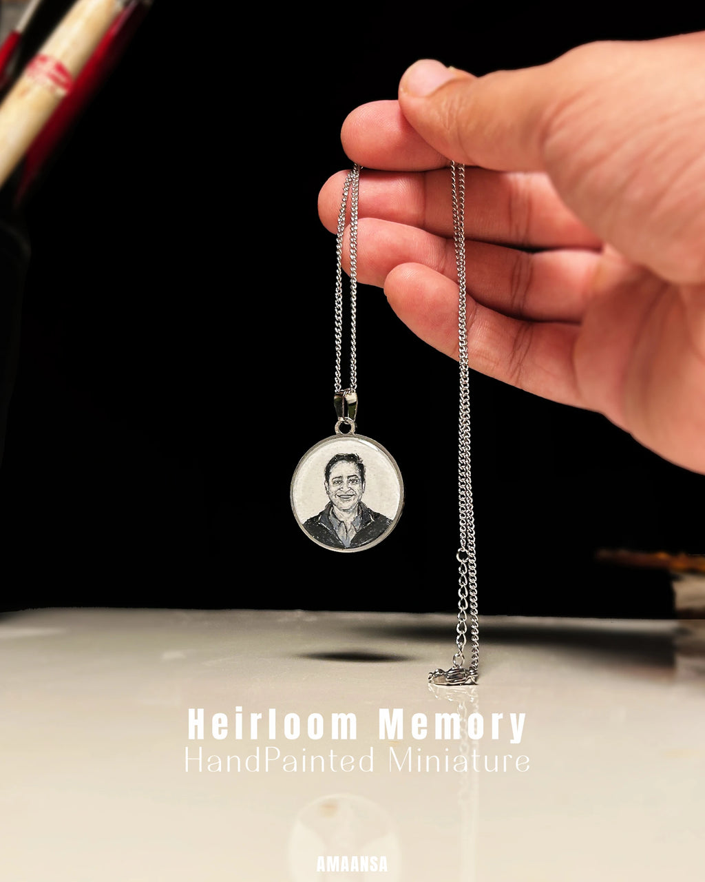 Premium SilveryWhite Custom Handpainted Miniature Portrait Pendant