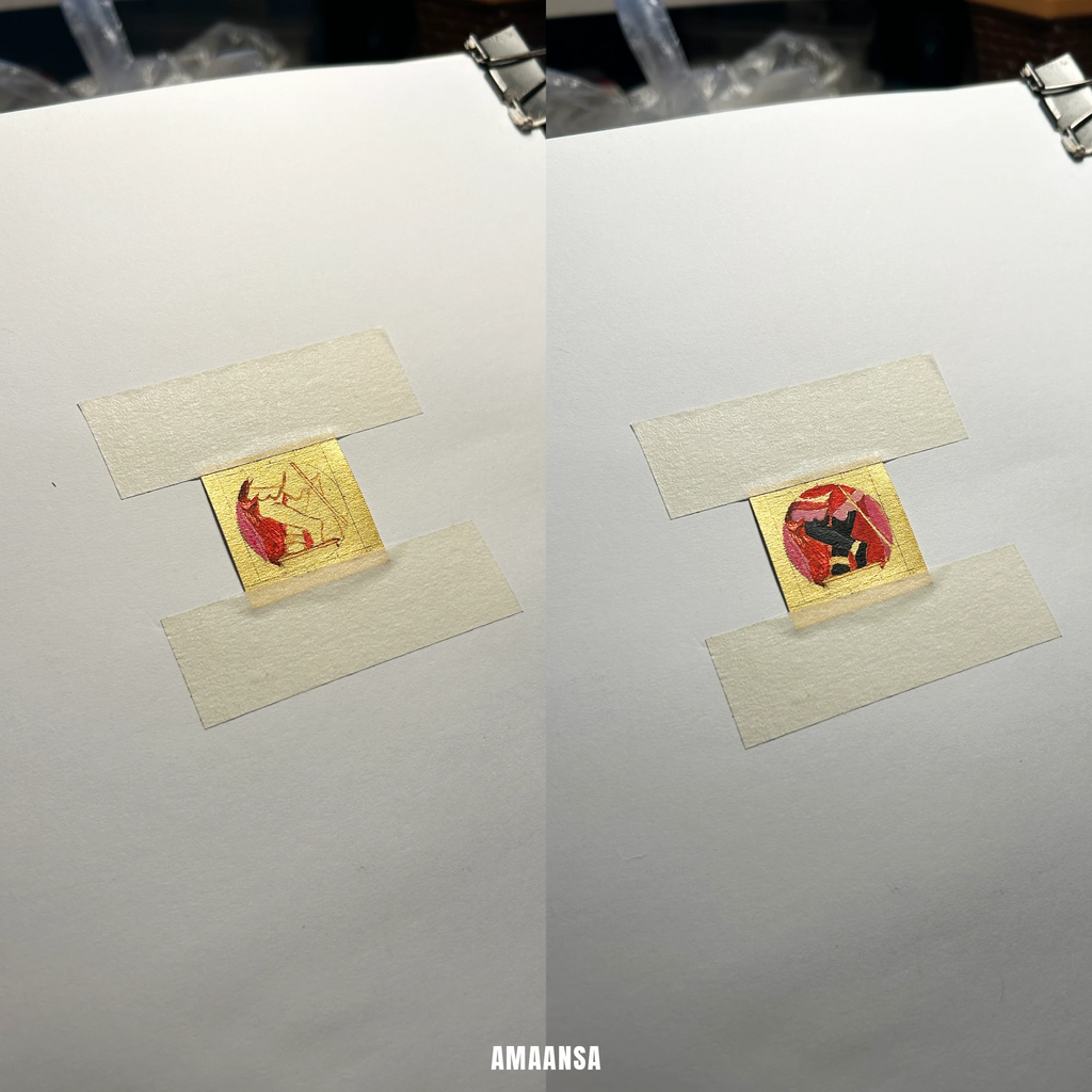 Sri Radharamanji paduka miniature painting in progress on gold leaf square, tiny brush detailing sacred feet for devotional pendant art.