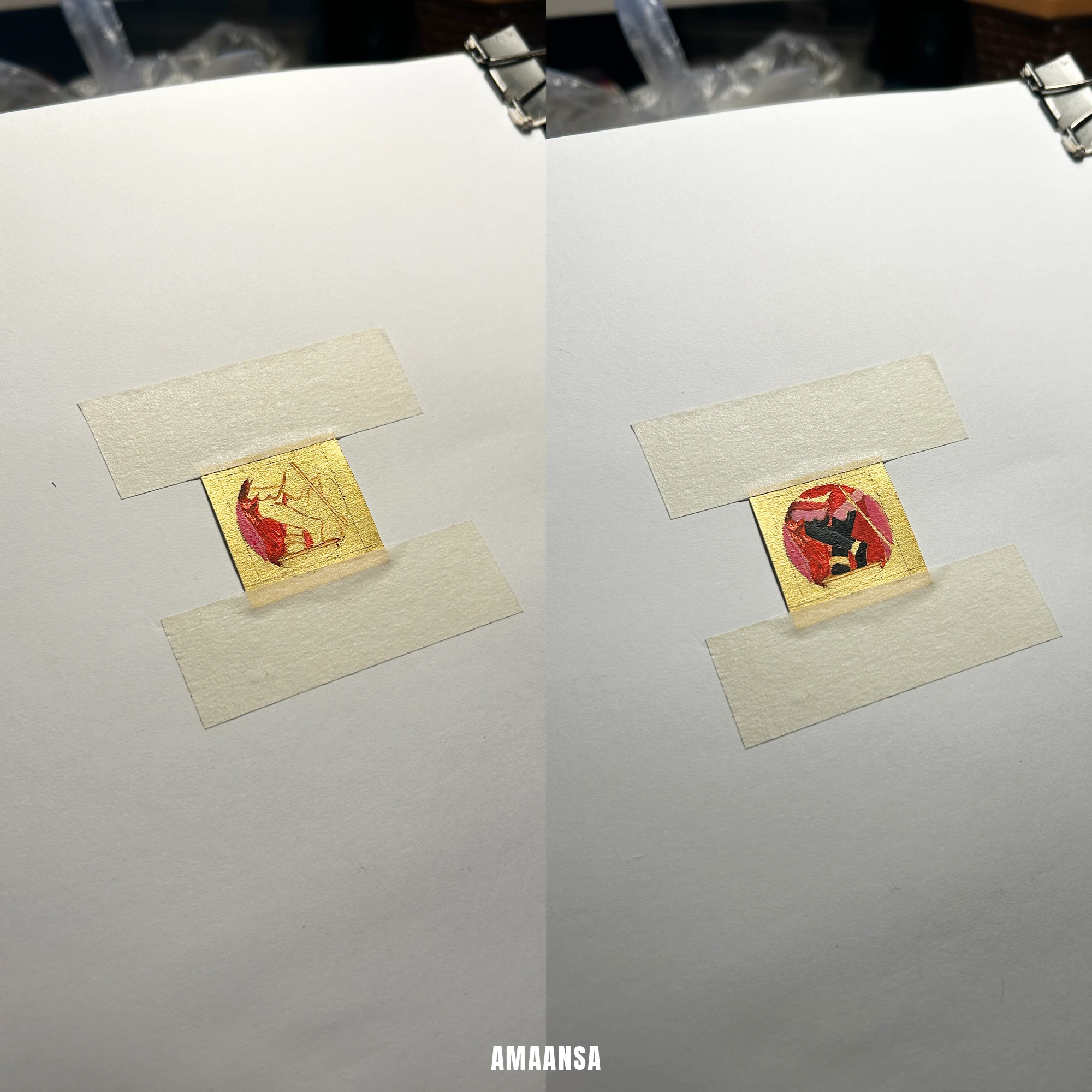 Sri Radharamanji paduka miniature painting in progress on gold leaf square, tiny brush detailing sacred feet for devotional pendant art.