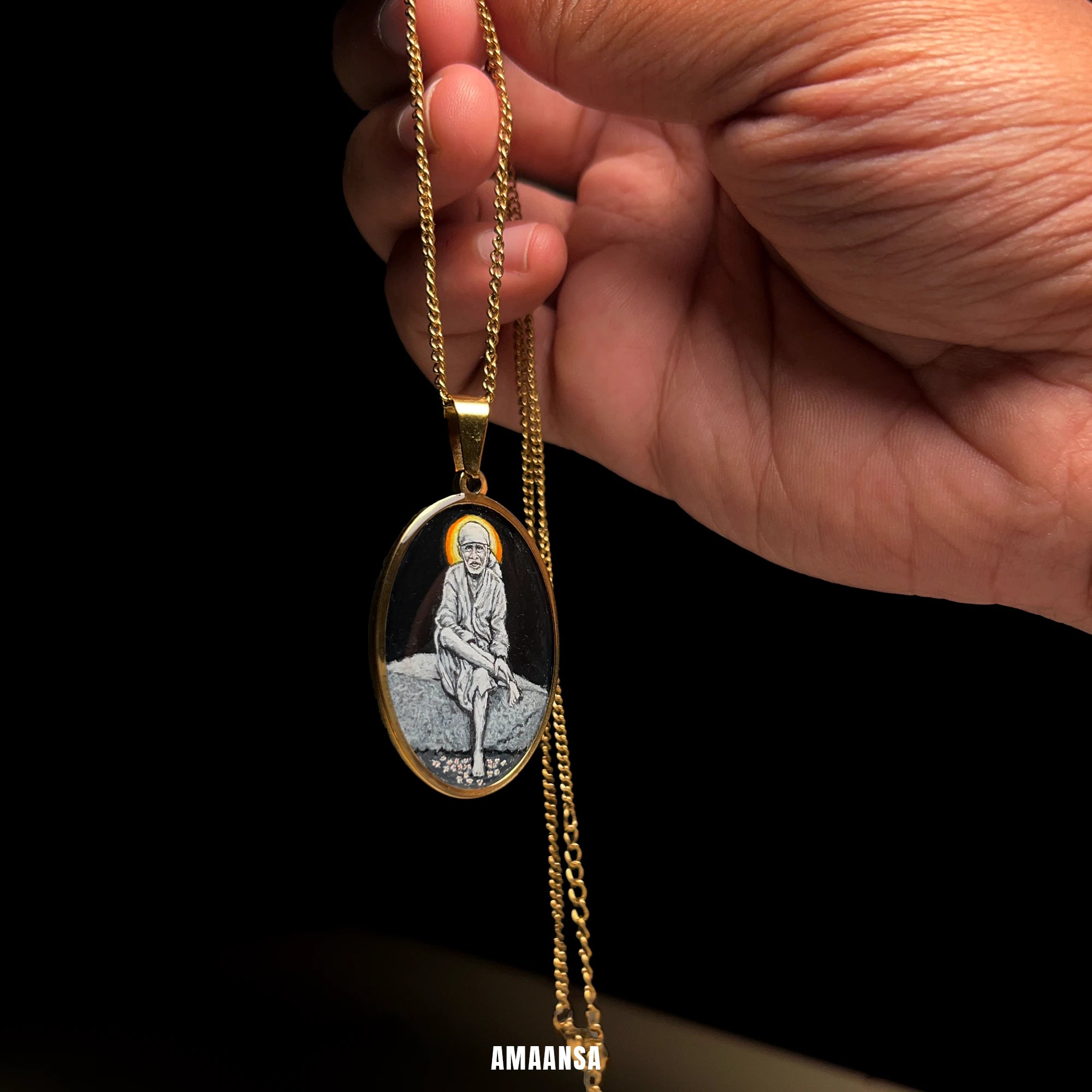 Handpainted Devotional Sai Baba Pendant | 18K PVD Gold Plated | Full Body