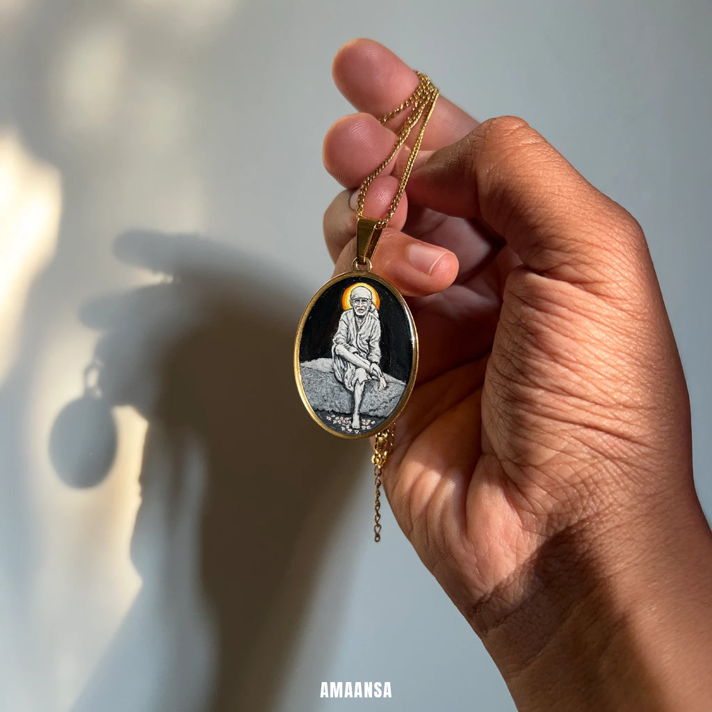 Handpainted Devotional Sai Baba Pendant | 18K PVD Gold Plated | Full Body