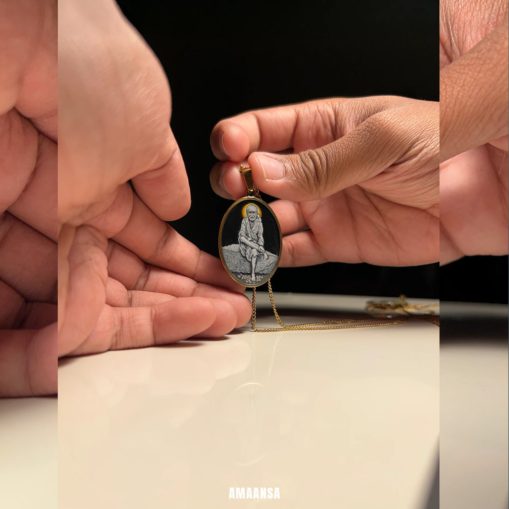 Handpainted Devotional Sai Baba Pendant | 18K PVD Gold Plated | Full Body