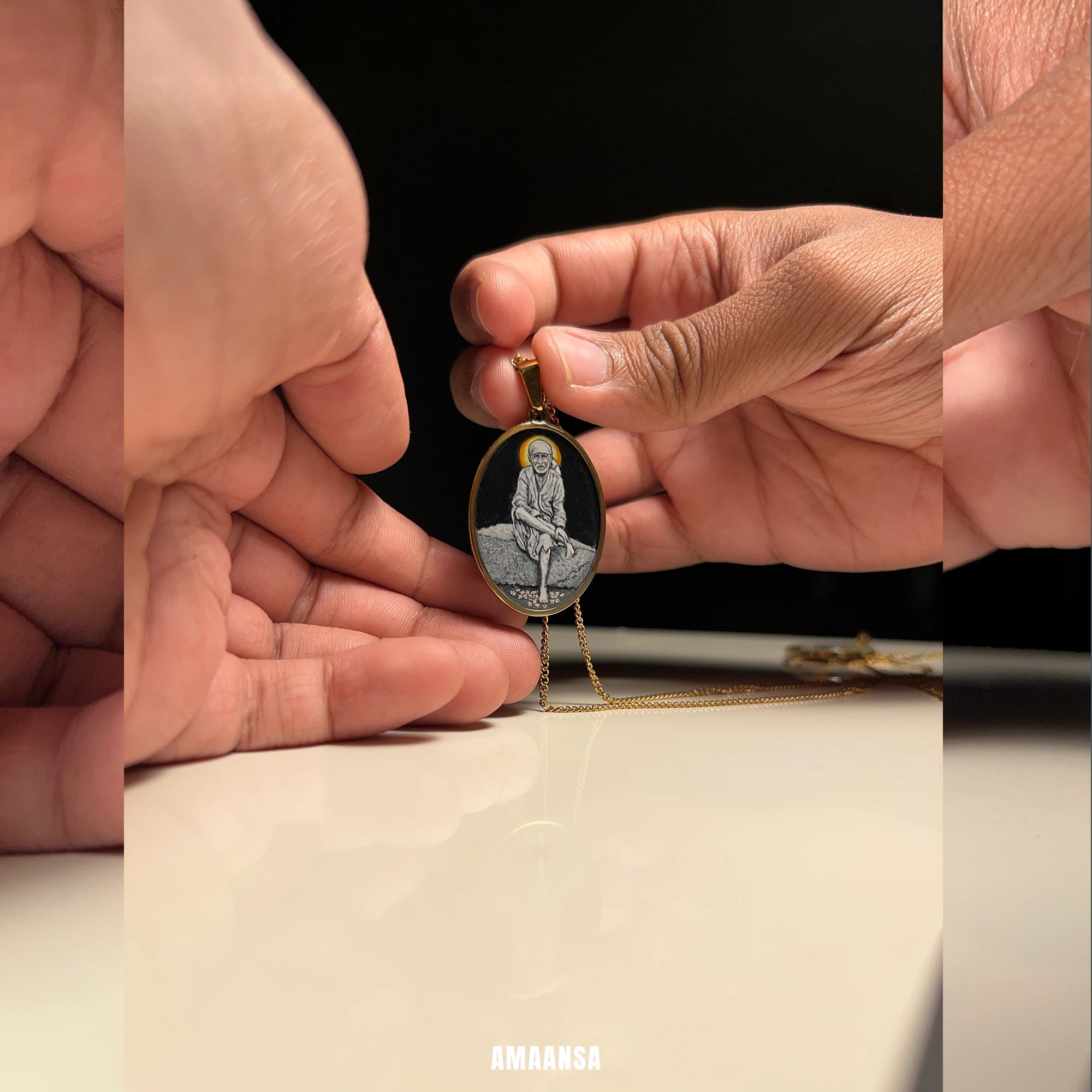 Handpainted Devotional Sai Baba Pendant | 18K PVD Gold Plated | Full Body