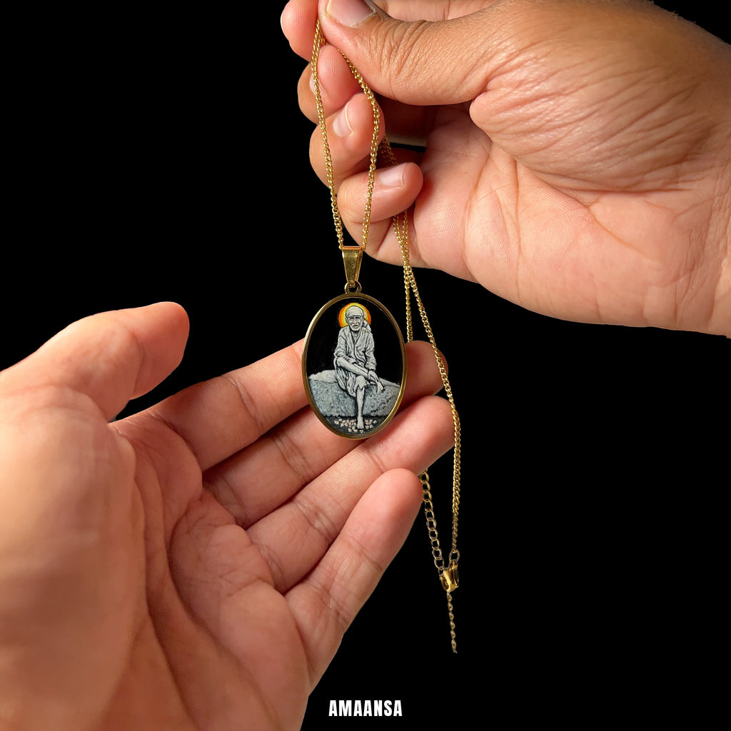 Handpainted Devotional Sai Baba Pendant | 18K PVD Gold Plated | Full Body