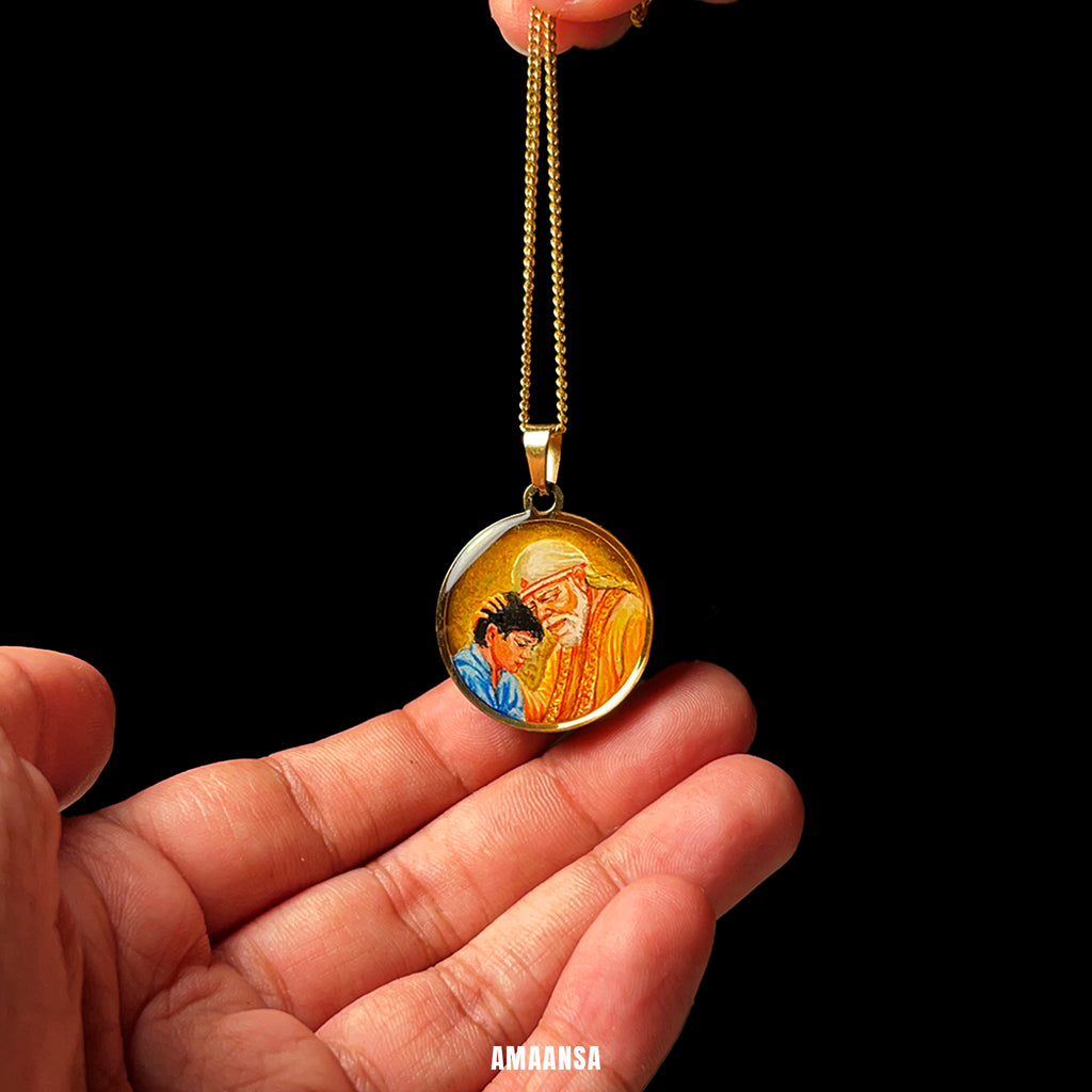 18k gold plated Shri Sai Baba authentic miniature painting pendant || Full coloured ||