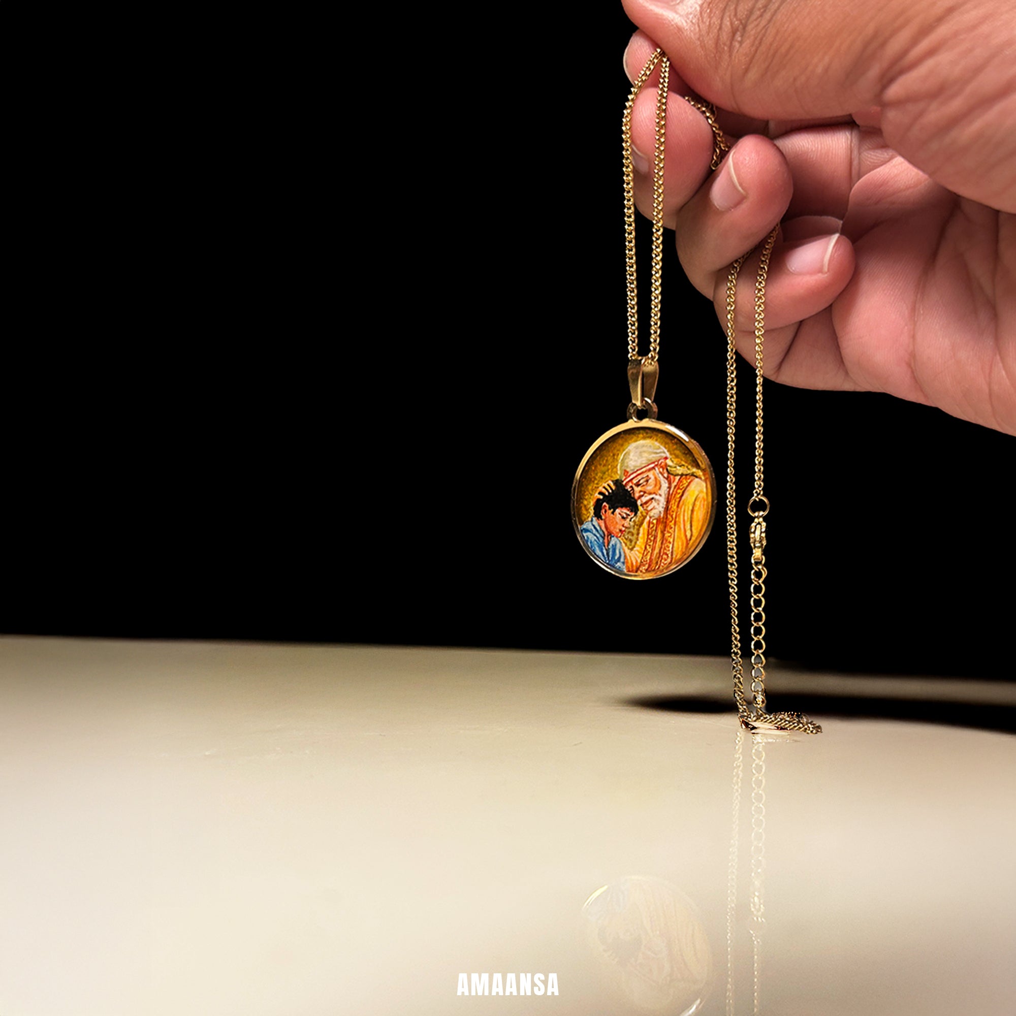 18k gold plated Shri Sai Baba authentic miniature painting pendant || Full coloured ||